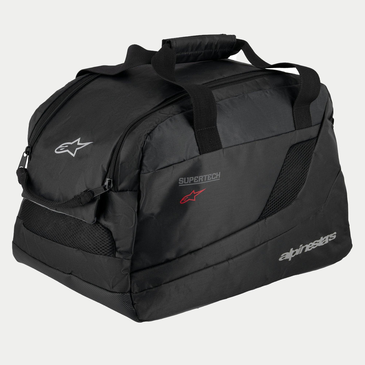 Bolsa para casco Alpinestars Supertech R10, negra, construcción acolchada semirrígida para cascos de moto, con asas de transporte con cierre de velcro, apertura con cremallera, paneles de ventilación de malla y logotipos reflectantes de Alpinestars y Supertech