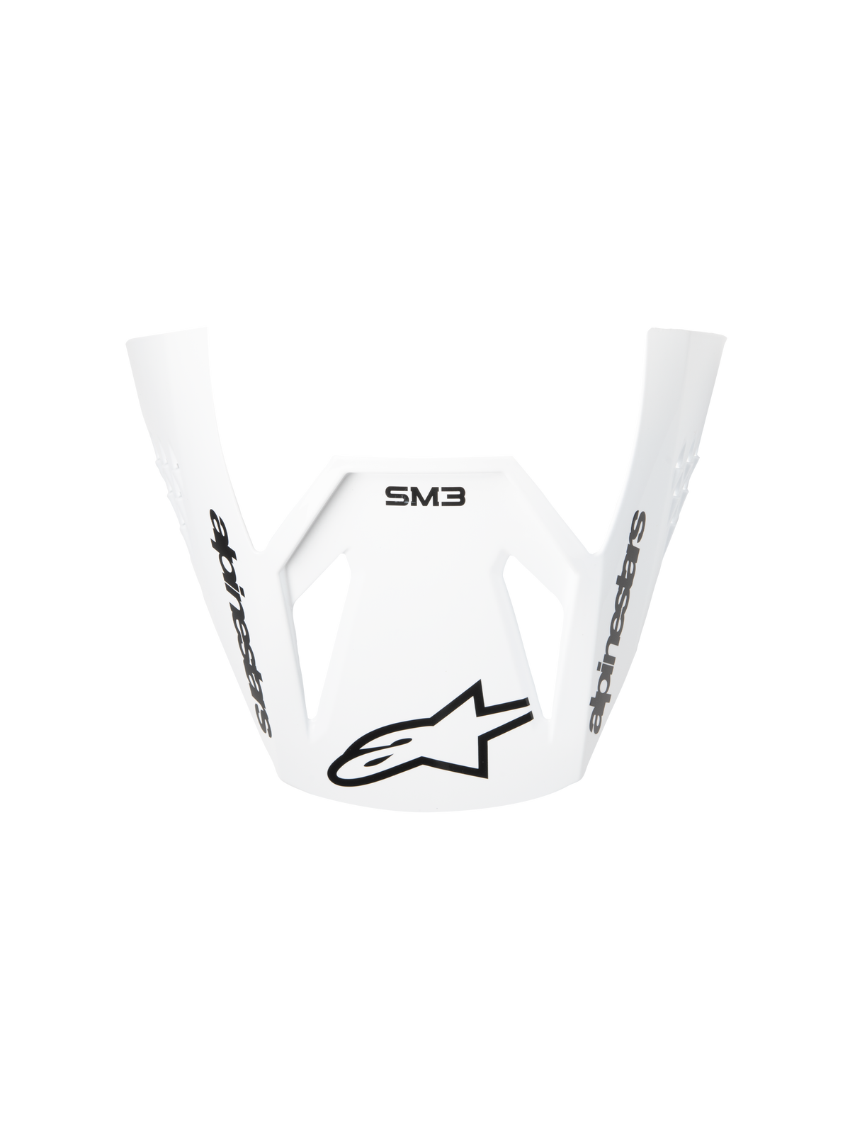Visera Alpinestars S-M3 Radium ECE06, blanca, visera de repuesto para casco de moto, diseño aerodinámico curvo con logotipos negros de Alpinestars y marca SM3, plástico duradero para rendimiento en motocross