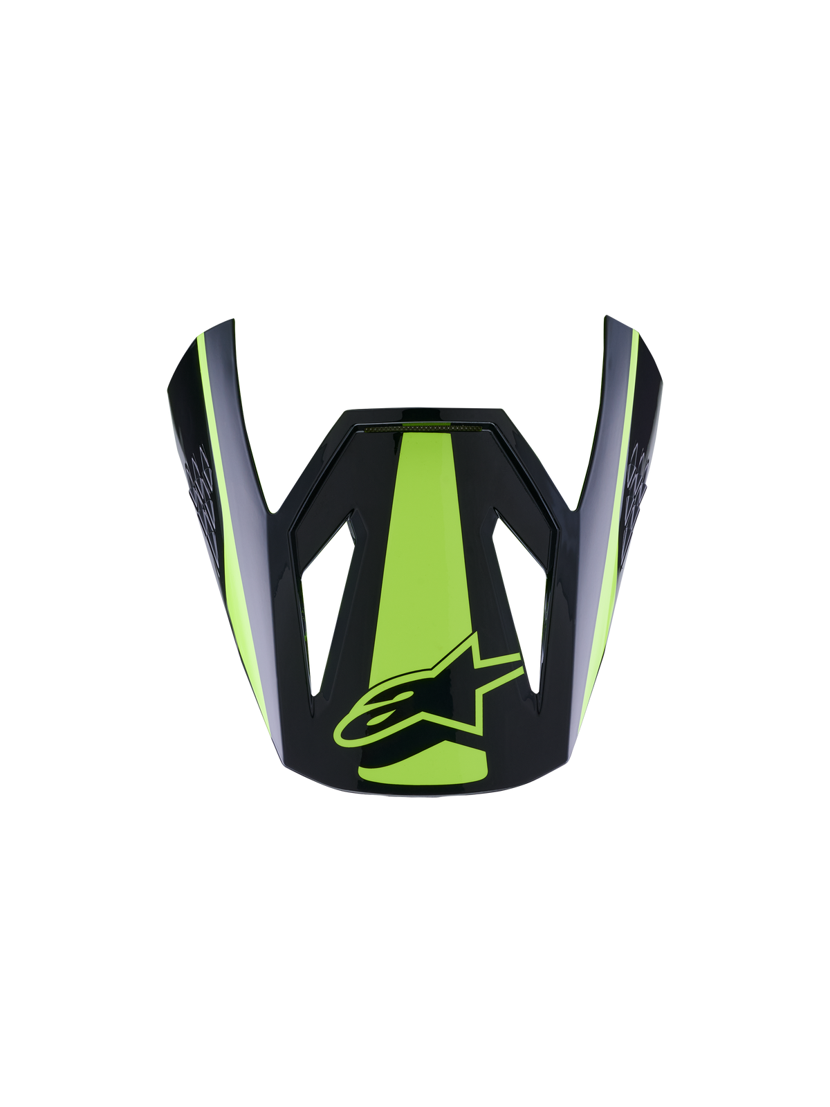 Alpinestars S-M3 Heat Visor ECE06, visera de casco para moto, amarillo flúor y negro brillante, con una llamativa franja central y detalles laterales en amarillo fluorescente, acabado en negro brillante con el logo de la estrella en amarillo, diseño de visera aerodinámica para cascos de motocross