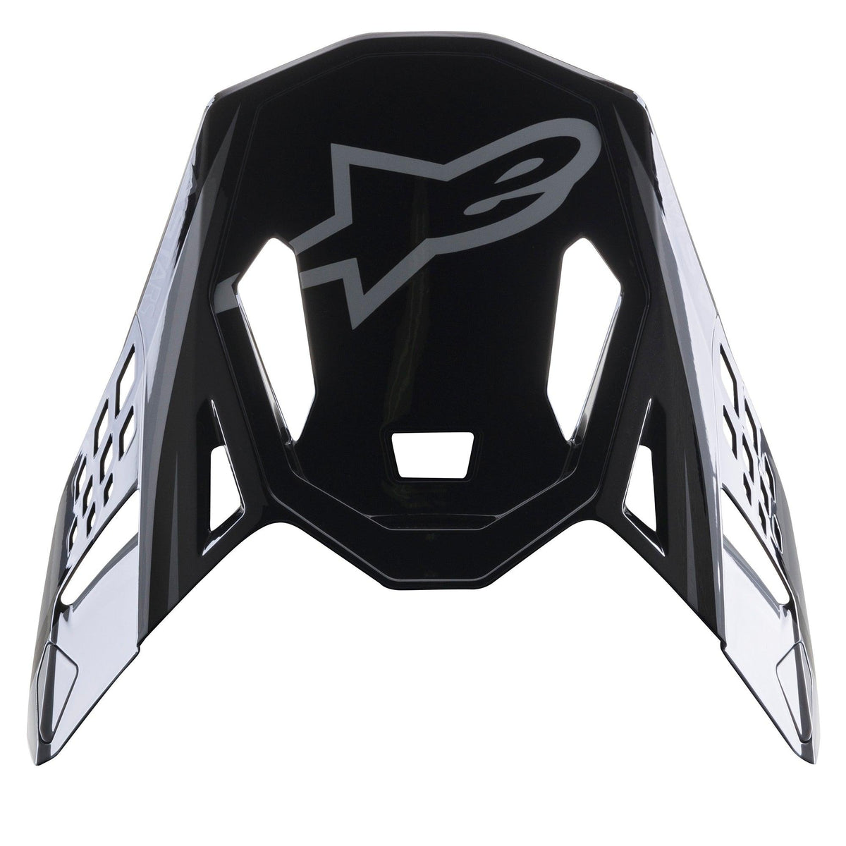 Visera Alpinestars Supertech M10 Carbon Meta2, accesorio para casco de motocross, negro y gris brillante, con logotipo A-star gris en el frente, diseño aerodinámico con aberturas de ventilación para carreras todoterreno