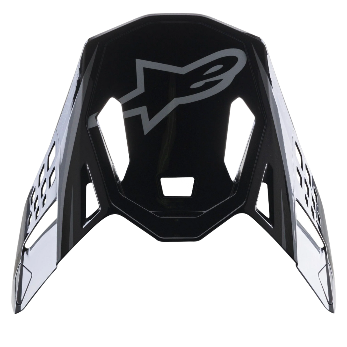 Visera Alpinestars Supertech M10 Carbon Meta2, visera de repuesto en negro y gris brillante, con el logotipo gris de Alpinestars y aberturas de ventilación aerodinámicas, accesorio para casco de motocross