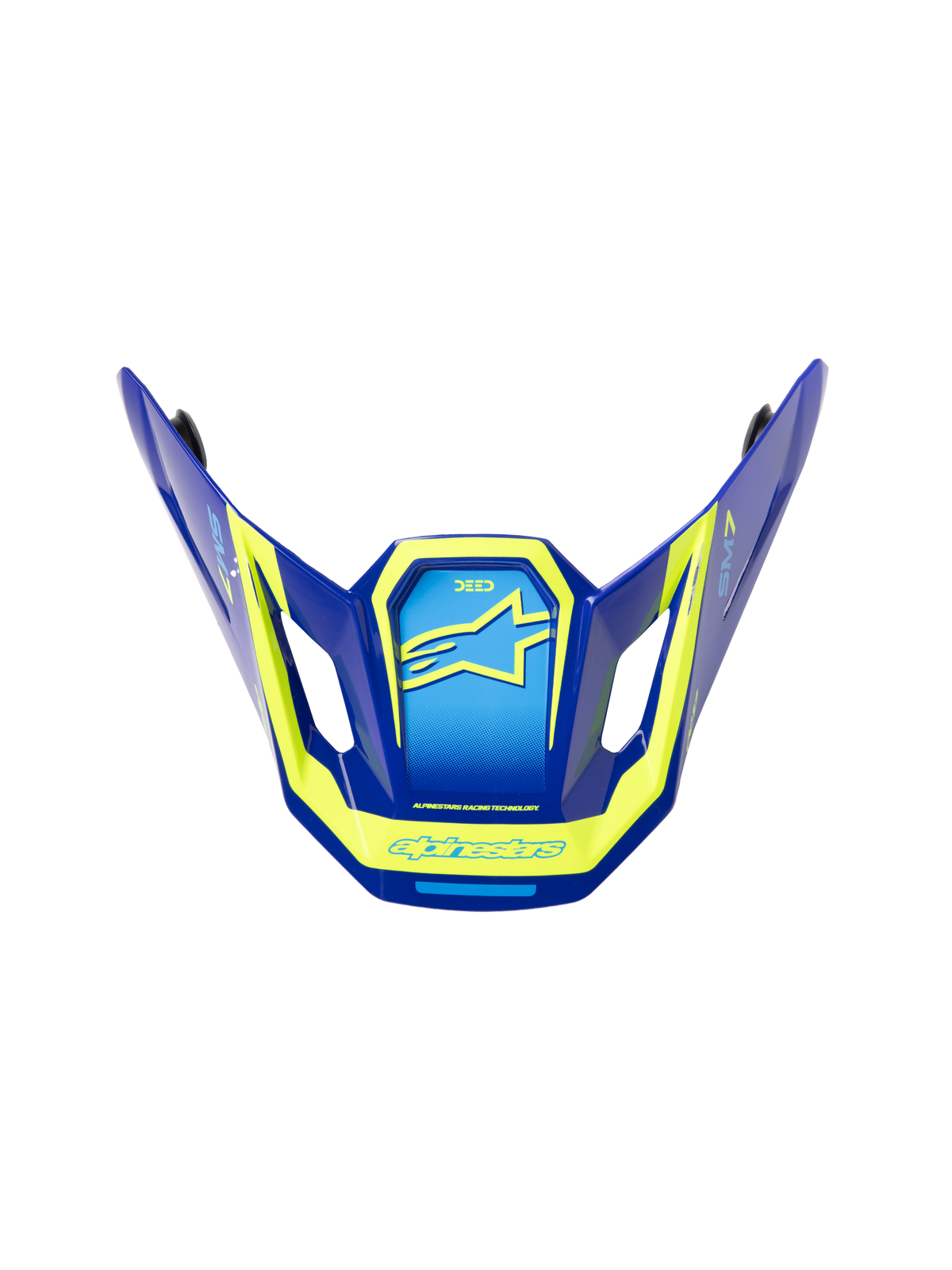 Visera Alpinestars S-M7 Deed ECE06, visera de repuesto para casco de motocross, azul y amarillo flúor con acabado brillante, diseño aerodinámico angular con ventilaciones laterales, con logotipos y gráficos amarillos destacados de Alpinestars