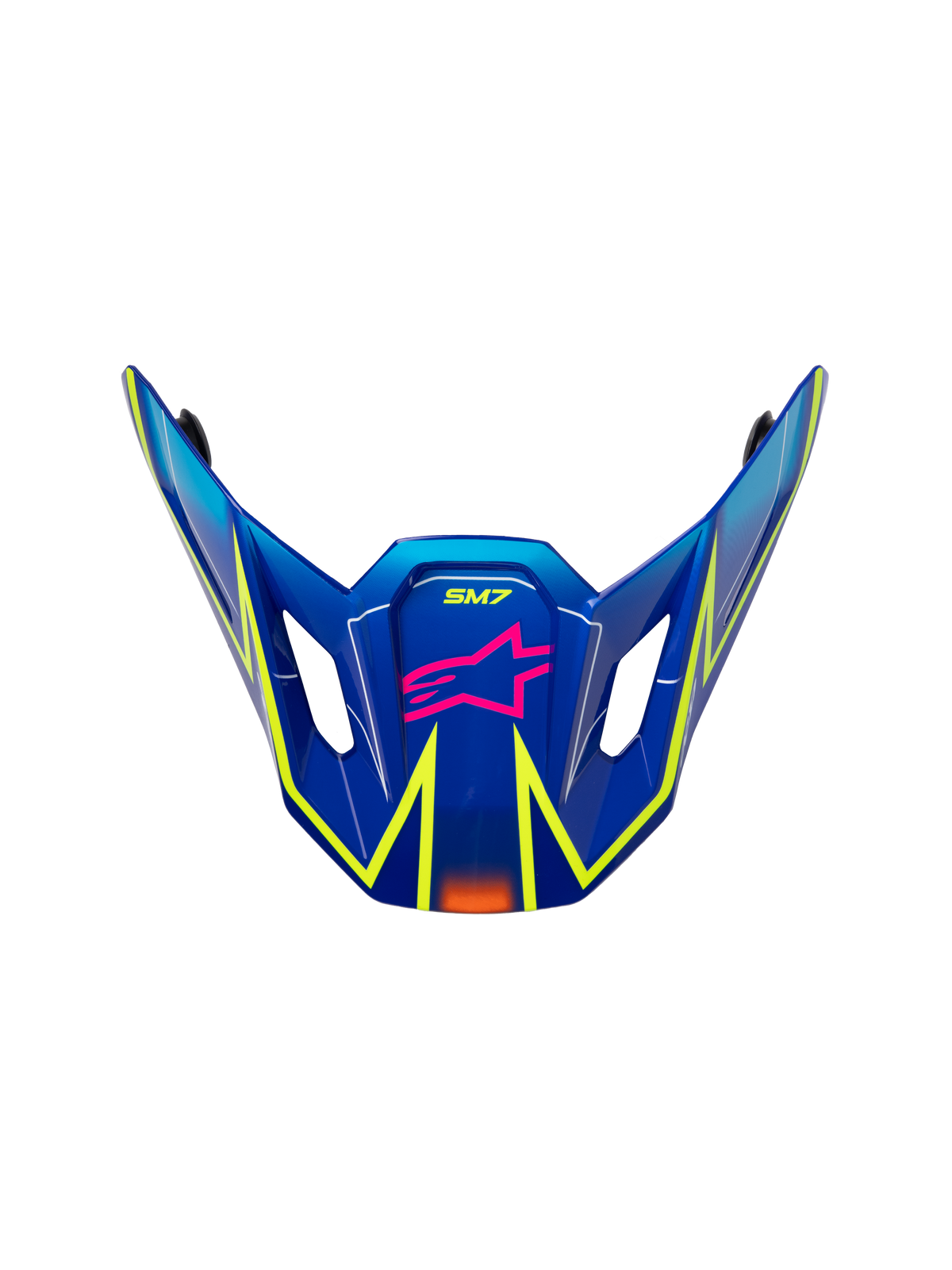 Alpinestars S-M7 Cast Visor, visera de repuesto para casco de motocross, azul brillante con detalles en rosa y amarillo flúor, con el logotipo de la estrella en rosa y la marca SM7, diseño aerodinámico con aberturas de ventilación laterales