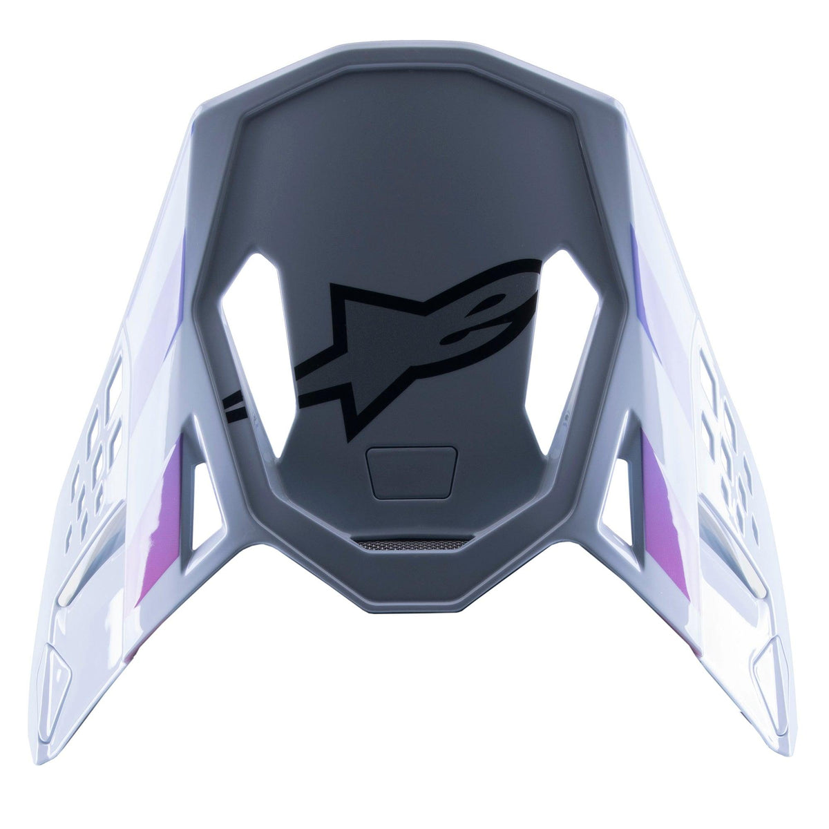 Visera Alpinestars Supertech M10 Daytona 23 LE, visera de repuesto para motocross, gris Haze con detalles en púrpura y blanco, con un logotipo negro en la parte inferior, diseño ligero y ventilado para carreras de motocross