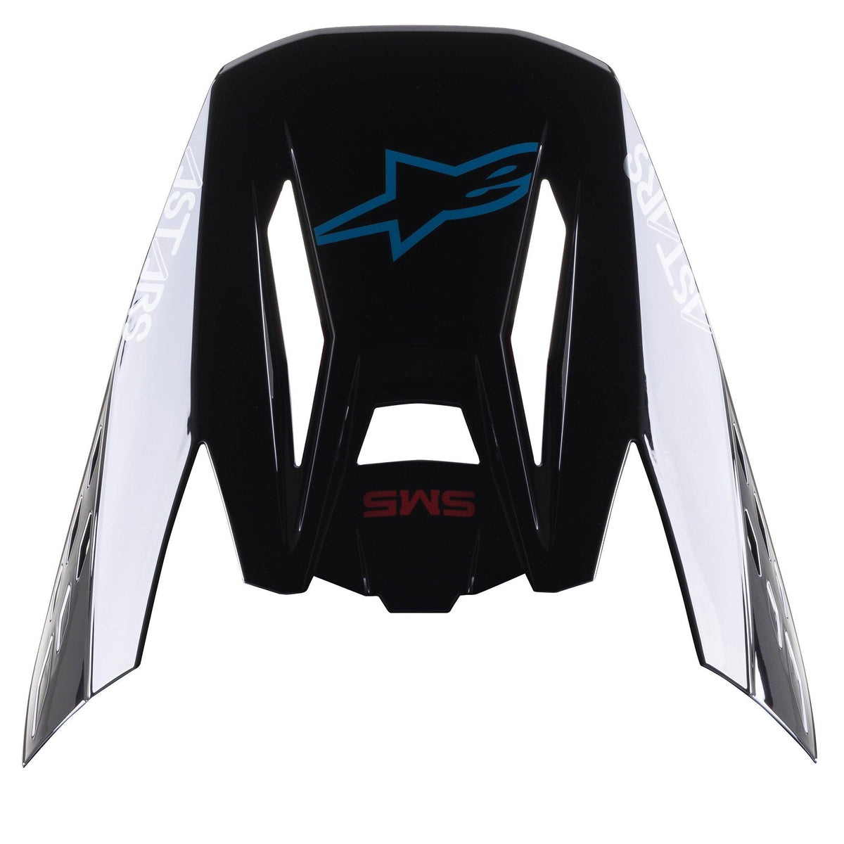 Alpinestars S-M5 Bond Visor, visera de repuesto para casco de motocross, color negro cian brillante, con el logotipo de la estrella de Alpinestars en azul y paneles laterales blancos con el texto 'ASTARS', diseñada para carreras off-road