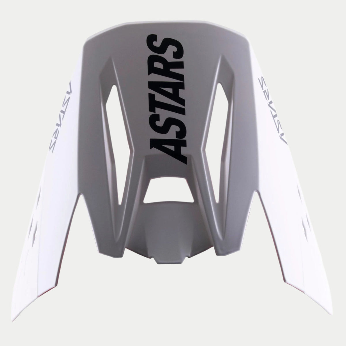 Visera Alpinestars S-M5 Rayon, visera de repuesto para casco de motocross, gris con el logotipo ASTARS en negro en la parte superior y los laterales, acabado mate, con un diseño angular y aberturas de ventilación para rendimiento todoterreno