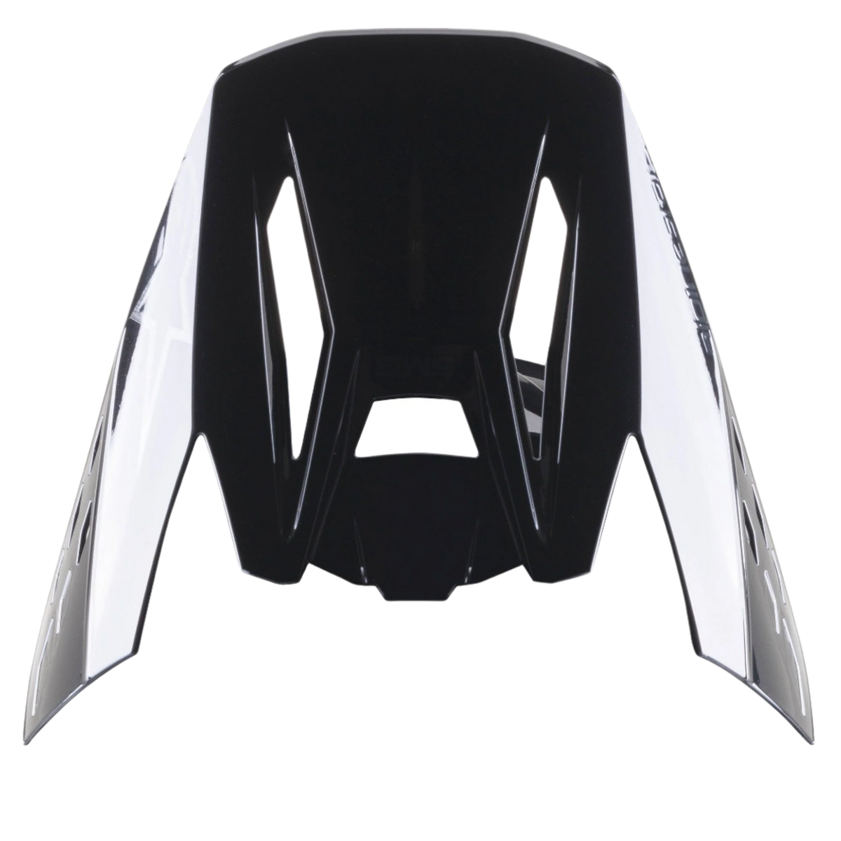 Visera Alpinestars S-M5 Scout, visera de repuesto para cascos de motocross en color negro y plata brillante, diseño aerodinámico con logotipos laterales y ranuras de ventilación, acabado de alto brillo