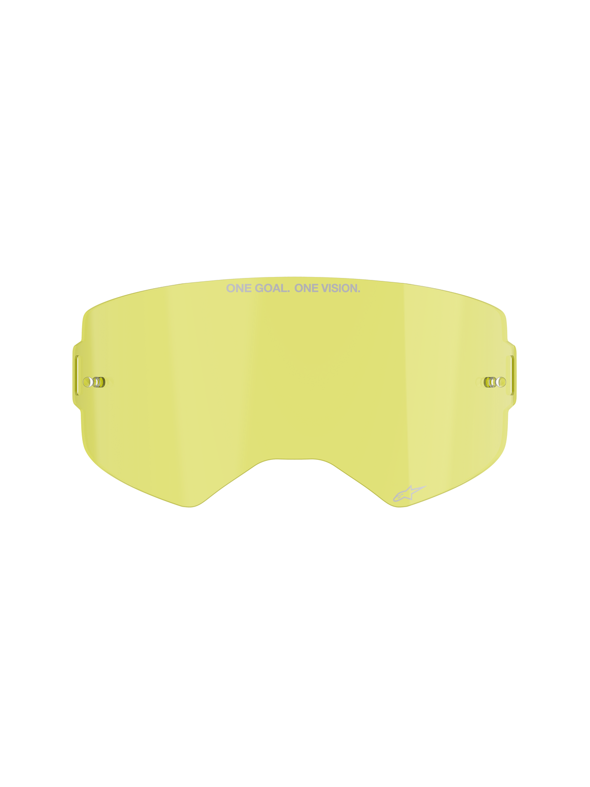 Alpinestars Supertech Clear Lens, lente de repuesto para gafas de motocross, tinte amarillo, con marca "ONE GOAL. ONE VISION.", postes integrados para tear-off y construcción de policarbonato transparente resistente a los impactos