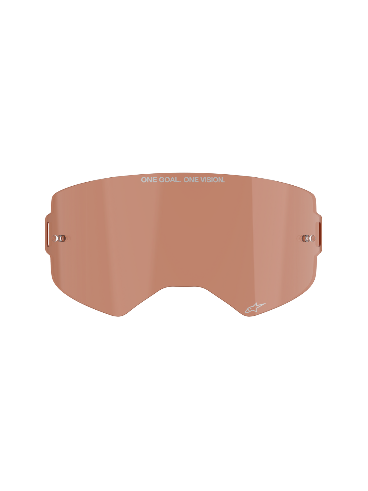 Lente Alpinestars Supertech, tinte cobre rosado, pantalla de policarbonato moldeada por inyección con postes metálicos integrados para tear-off, con la inscripción 'ONE GOAL. ONE VISION.', accesorio de motocross y off-road