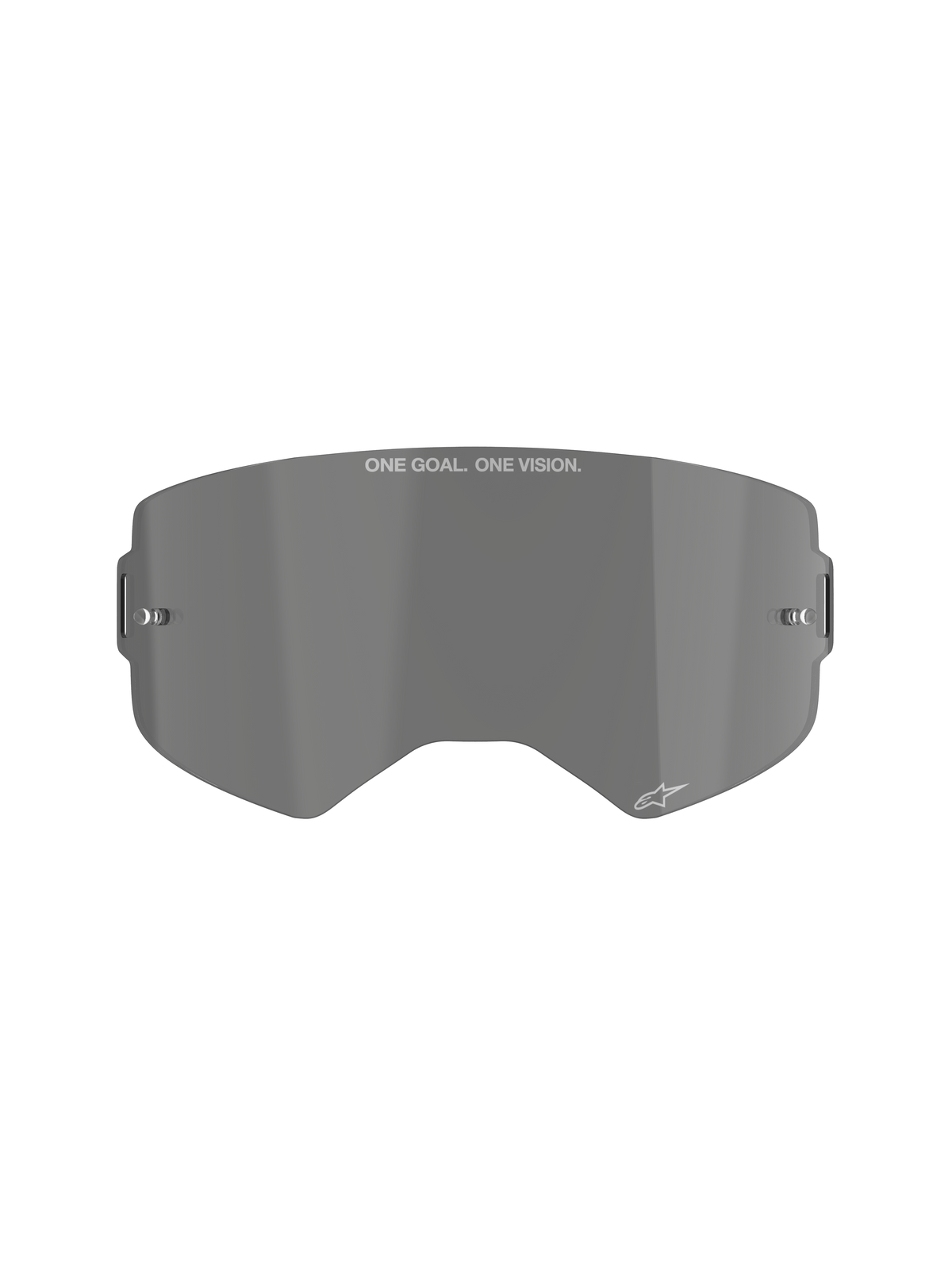 Alpinestars Supertech Smoke Lens, lente de repuesto ahumada oscura para gafas de motocross, pantalla curva de policarbonato moldeado por inyección con postes para tear-off, con el lema 'ONE GOAL. ONE VISION.' y el logotipo de la estrella de Alpinestars