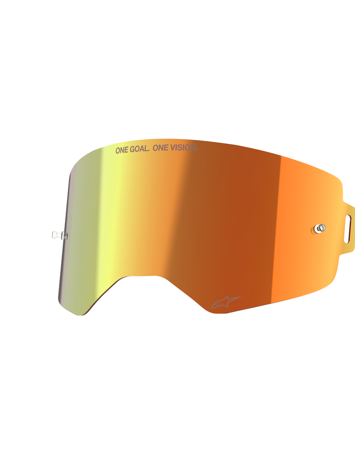 Alpinestars Supertech Mirror Lens, accesorio de repuesto para gafas de motocross, color rojo espejo con degradado naranja y amarillo, con el texto 'ONE GOAL. ONE VISION.' y el logotipo de Alpinestars, acabado reflectante con tetones para tear-offs