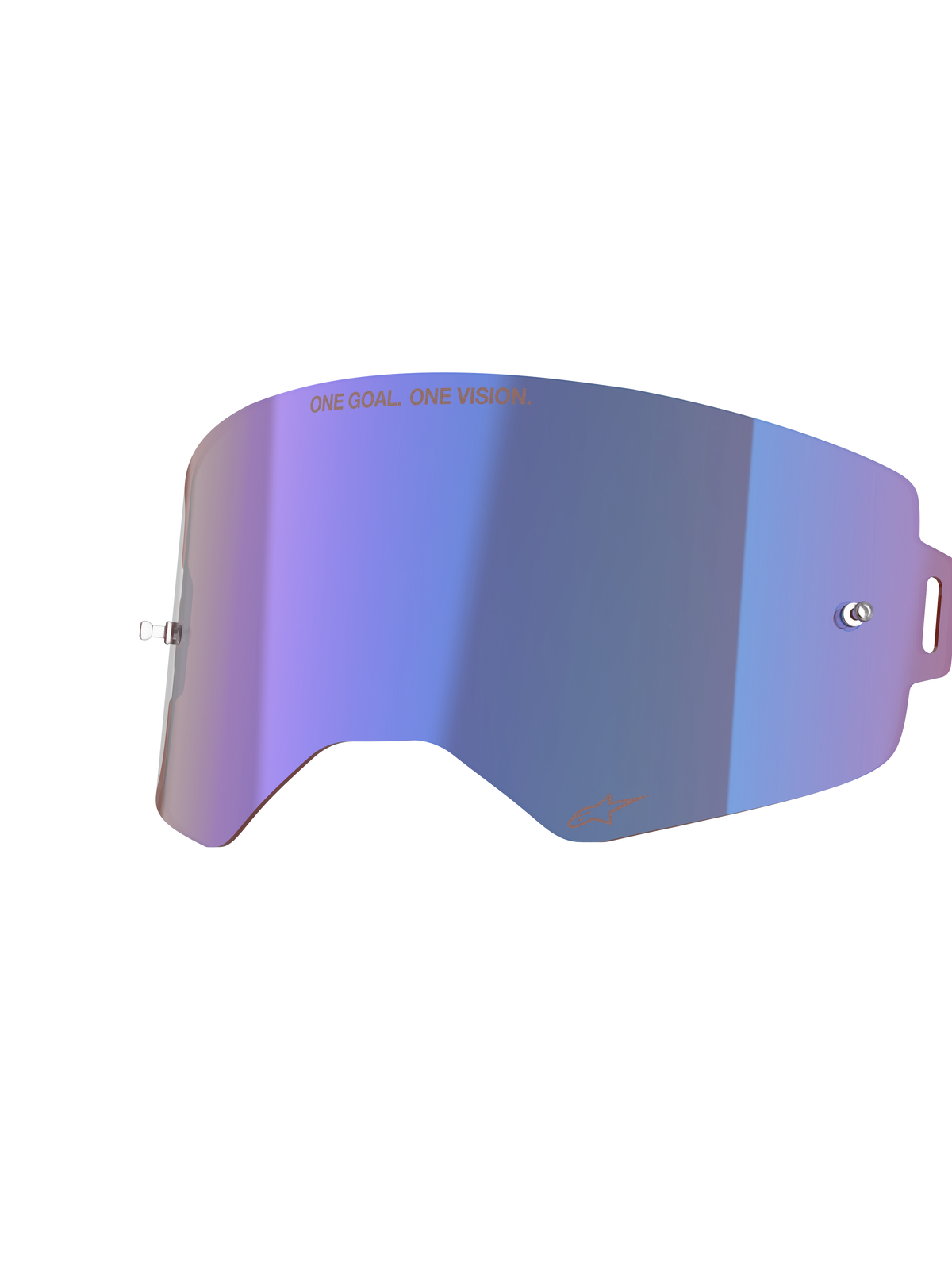 Lente Espejo Alpinestars Supertech, lente de repuesto para gafas de motocross, azul espejo con acabado iridiscente púrpura, con postes integrados para tear-offs, texto "ONE GOAL. ONE VISION." en la parte superior y logotipo de Alpinestars en la parte inferior, policarbonato de alta claridad para carreras off-road