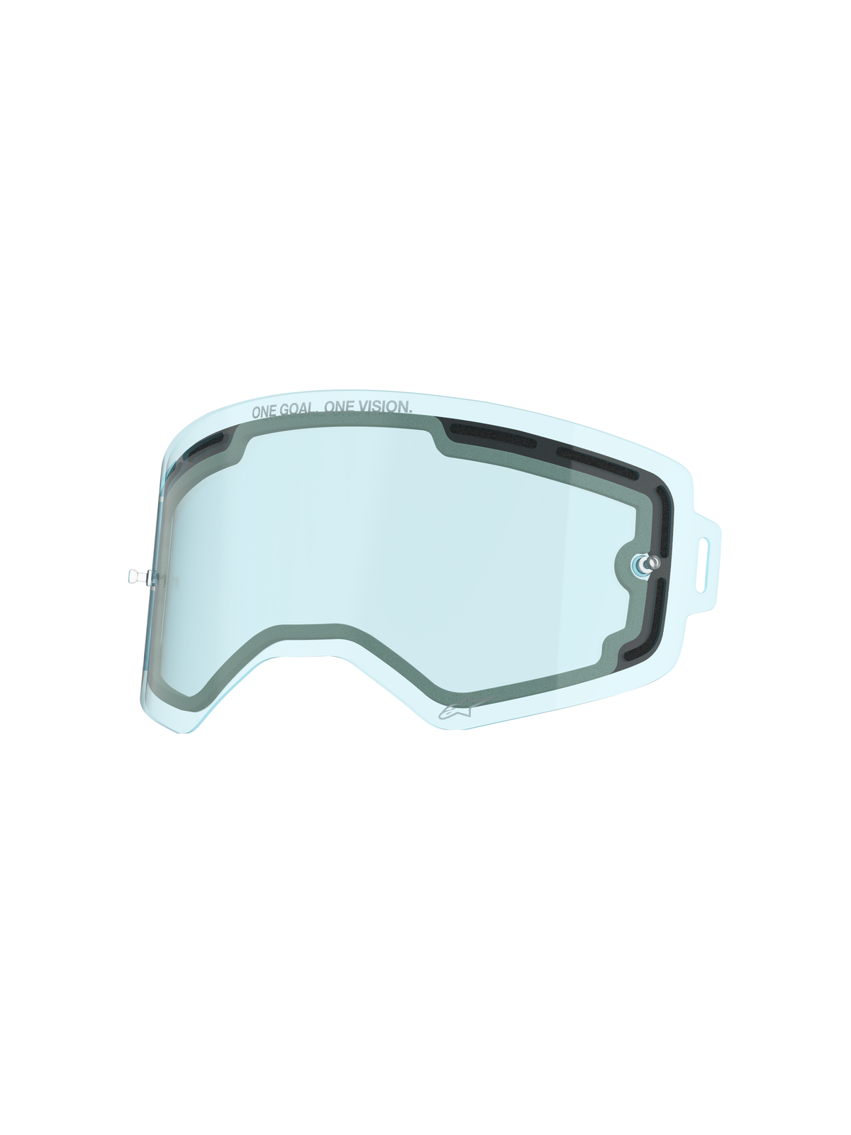 Alpinestars Supertech Lens, lente de gafas ventilada de doble panel con tinte azul, con el texto 'ONE GOAL. ONE VISION.', lente de repuesto de policarbonato resistente a los impactos para protección en motocross y carreras off-road