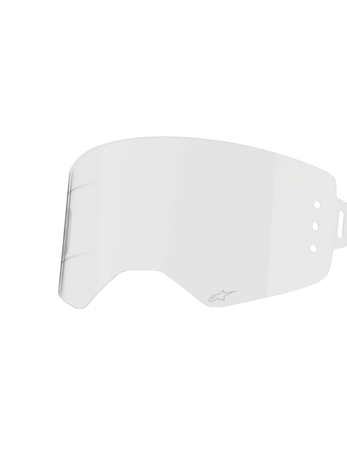 Alpinestars Supertech Roll Off Lens, Clear Goggle Accessory, Transparent injection-molded polycarbonate with horizontal glide lines, features small Alpinestars logo, official replacement part for Supertech Wide Vision goggles