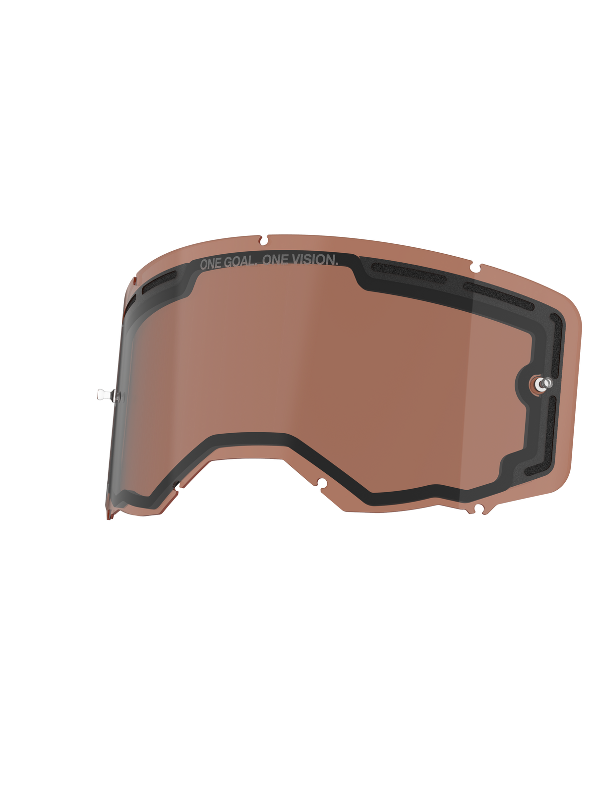 Lente Alpinestars Vision 8-5-3 de doble panel, lente de repuesto para gafas, color Copper Rose, diseño ventilado con sellado negro, incluye el lema 'ONE GOAL. ONE VISION.' y postes integrados para tear-off, policarbonato duradero para rendimiento off-road.