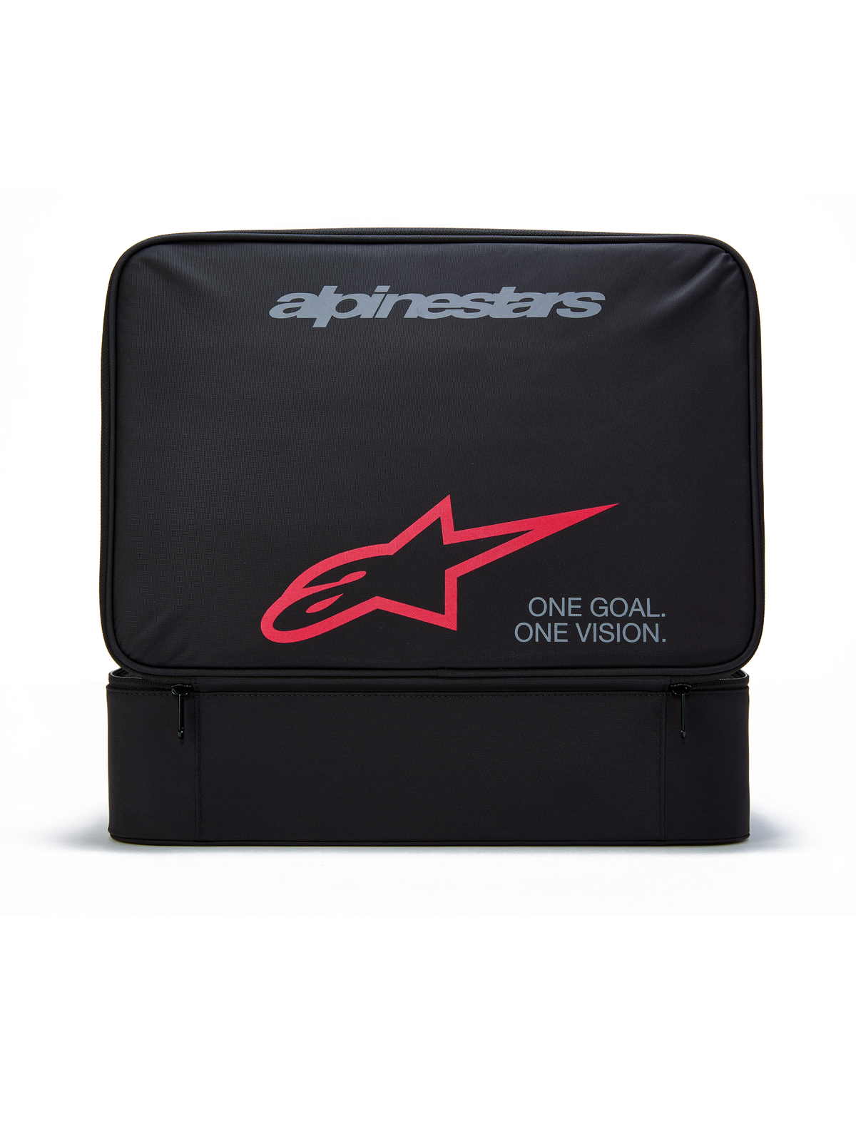 Estuche para gafas Alpinestars Supertech Vision, bolsa de almacenamiento rectangular negra para gafas de motocross, con el logotipo gris de Alpinestars, el símbolo A-star en rojo y el texto "ONE GOAL. ONE VISION.", construcción de poliéster duradero con bolsillo frontal con cremallera