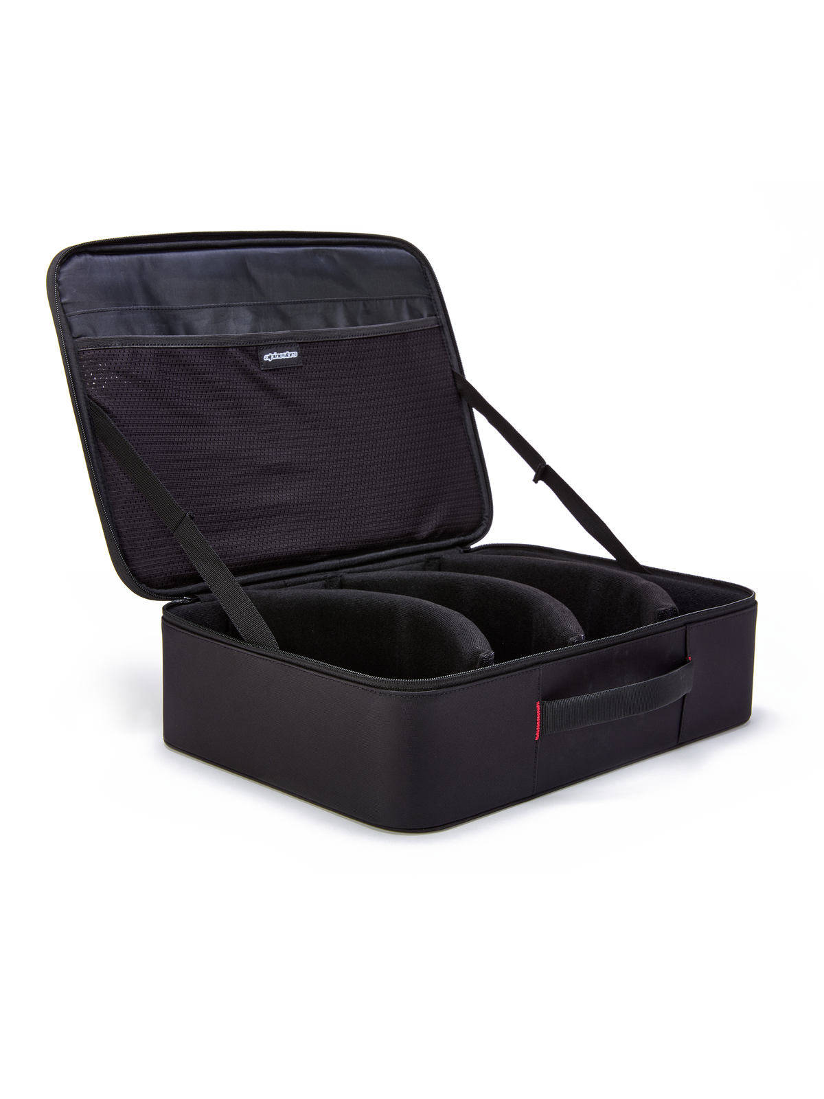 Estuche para gafas Alpinestars Supertech Vision, negro, organizador abierto tipo maletín para gafas de motocross, con divisores modulares precurvados y bolsillos de malla en la tapa, asa acolchada, construcción duradera para almacenamiento de equipo todoterreno
