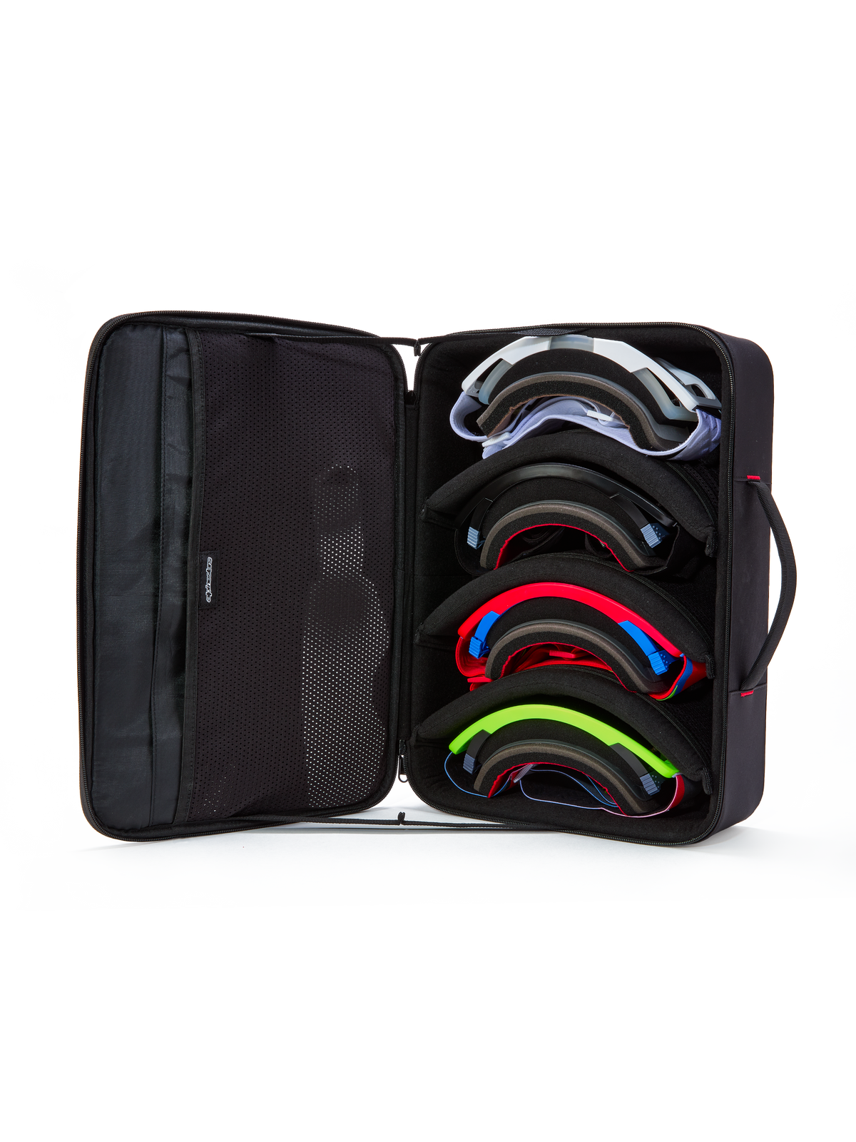 Estuche para gafas Alpinestars Supertech Vision, negro, vista abierta que muestra el almacenamiento interno para cuatro pares de gafas de motocross de colores, con divisores modulares y bolsillos de malla en la tapa, diseño de maletín estructurado para la protección de las gafas