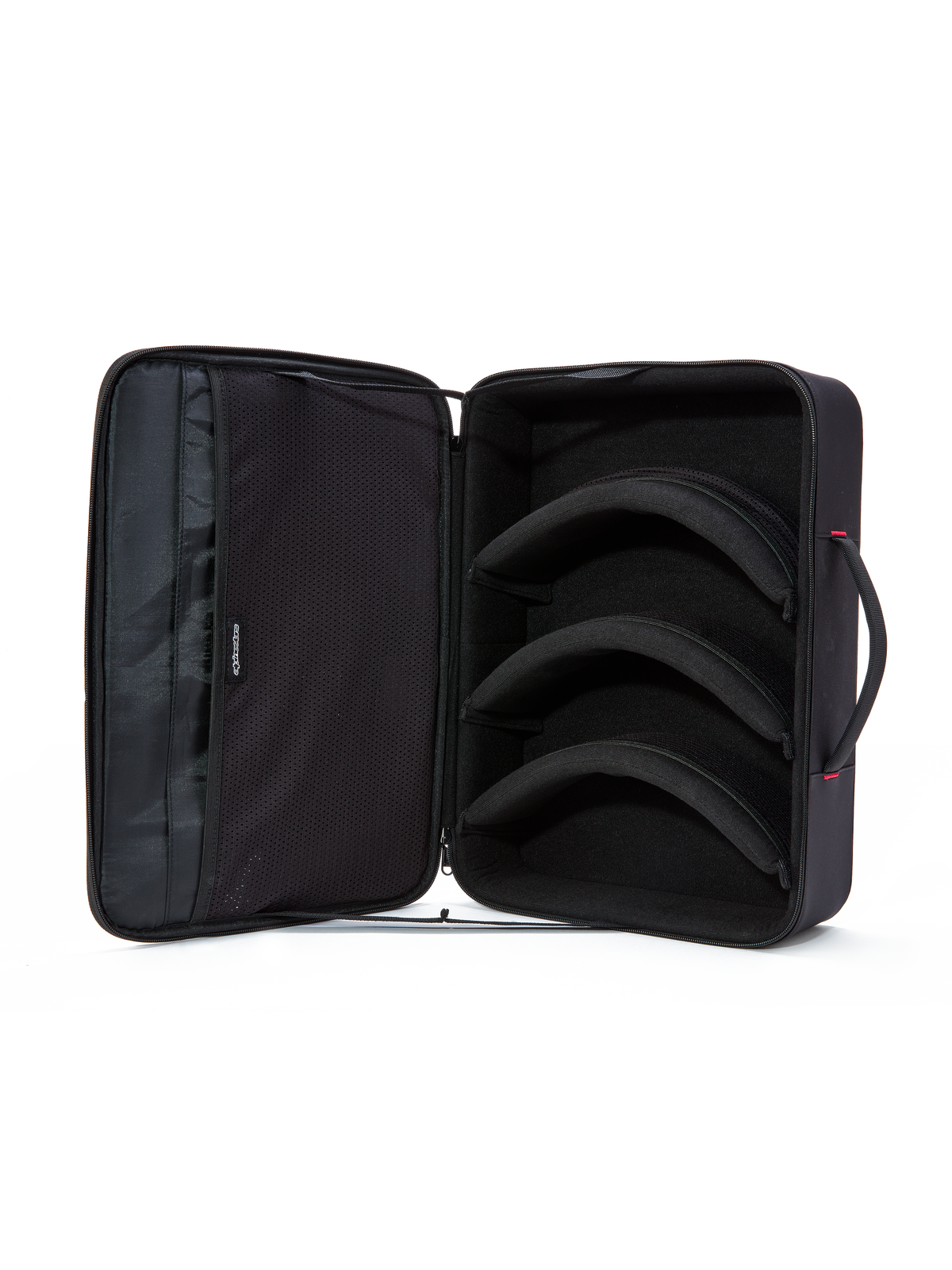 Alpinestars Estuche para Gafas Supertech Vision, negro, vista interior abierta, tres divisores modulares precurvados para el almacenamiento de lentes y gafas, bolsillos de malla suave en la tapa para accesorios, diseño horizontal estilo maletín con asa acolchada, organizador protector de equipo de motocross