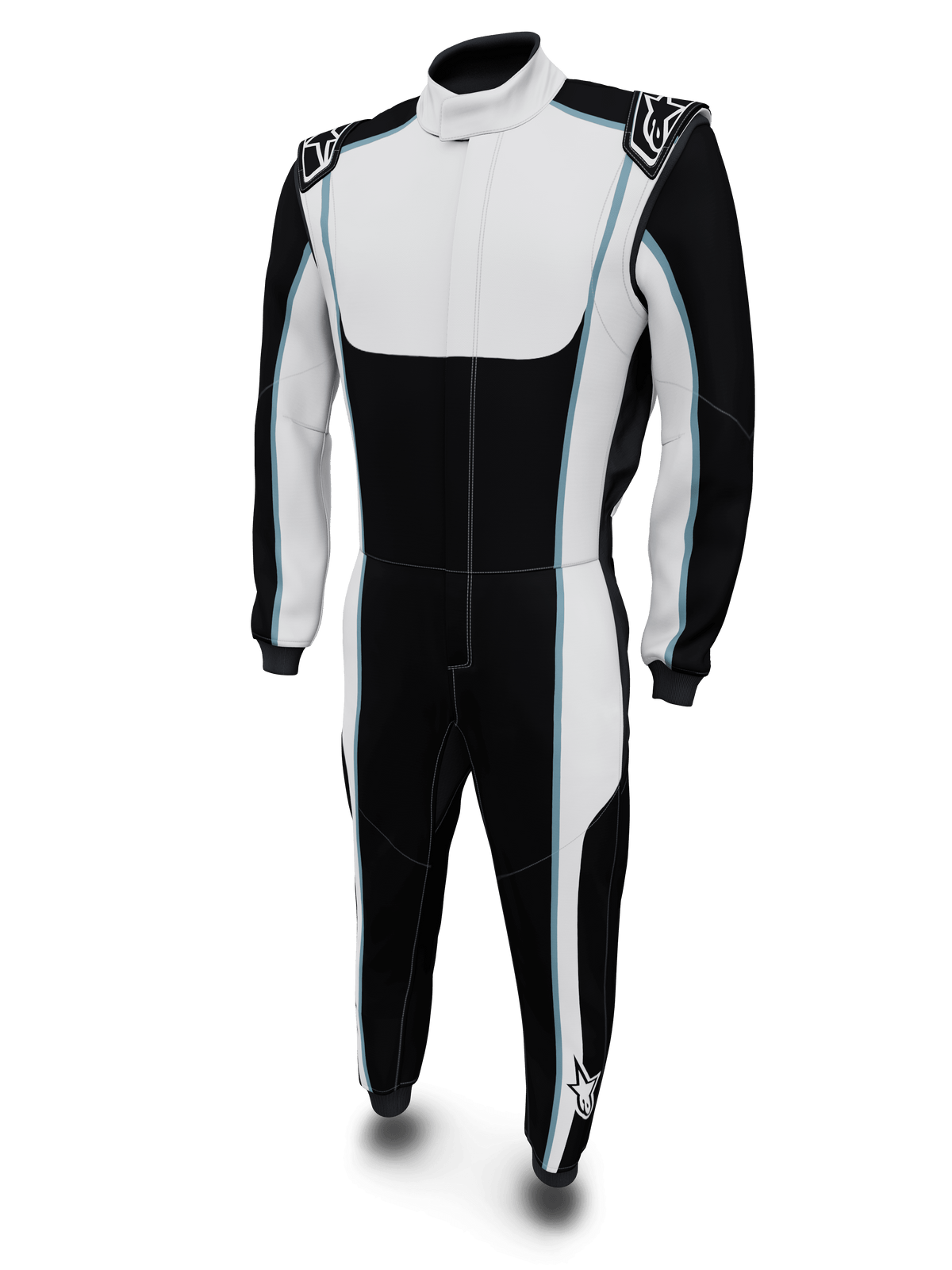 Alpinestars Tech Vision V3 Custom Suit, traje de automovilismo negro y blanco con detalles azules, certificado por la FIA.
