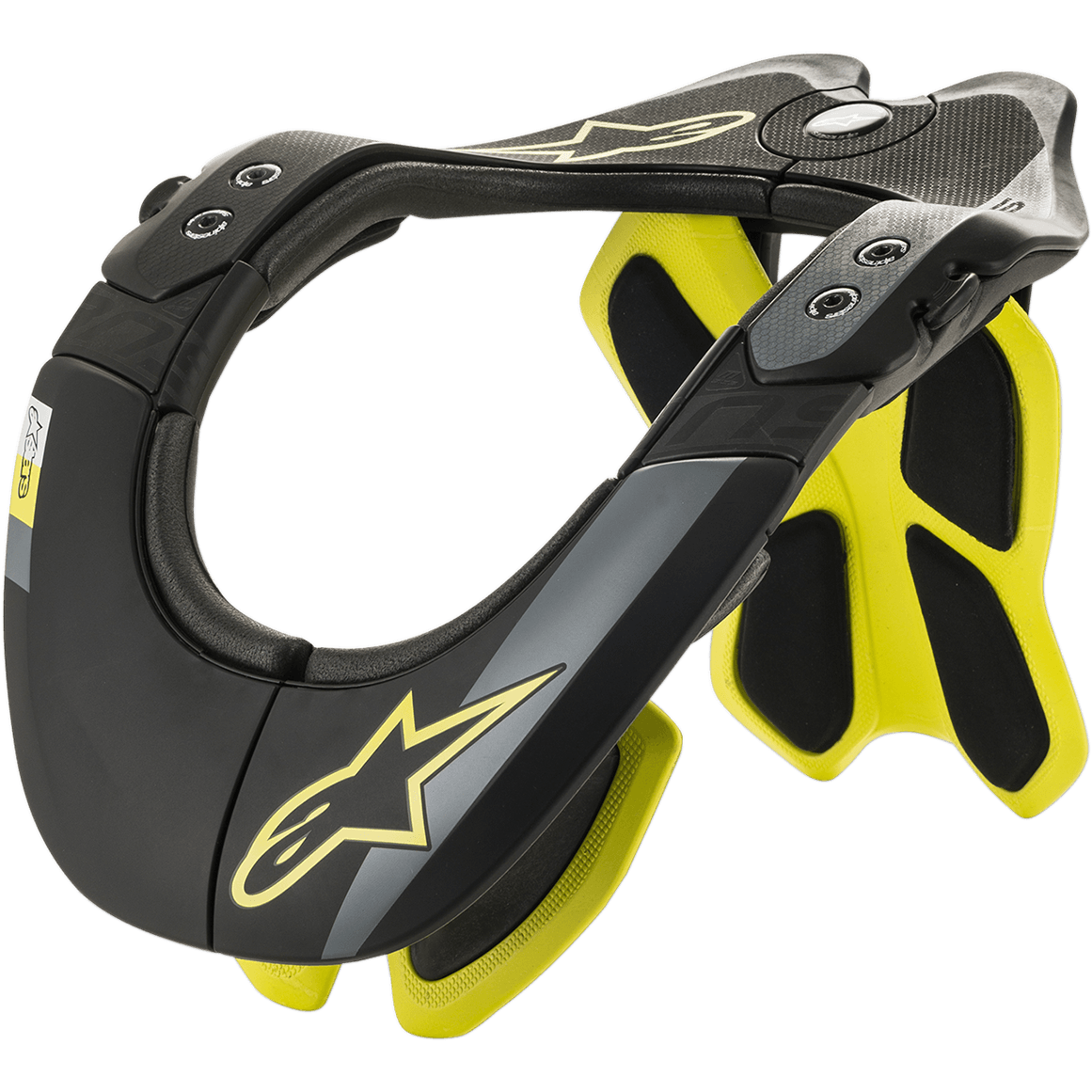 Alpinestars BNS Tech 2 Neck Support, collarín cervical para motocicleta, negro y amarillo fluorescente, marco ergonómico de polímero de carbono con interior acolchado, detalle del logo de la estrella, protección para motocross y off-road