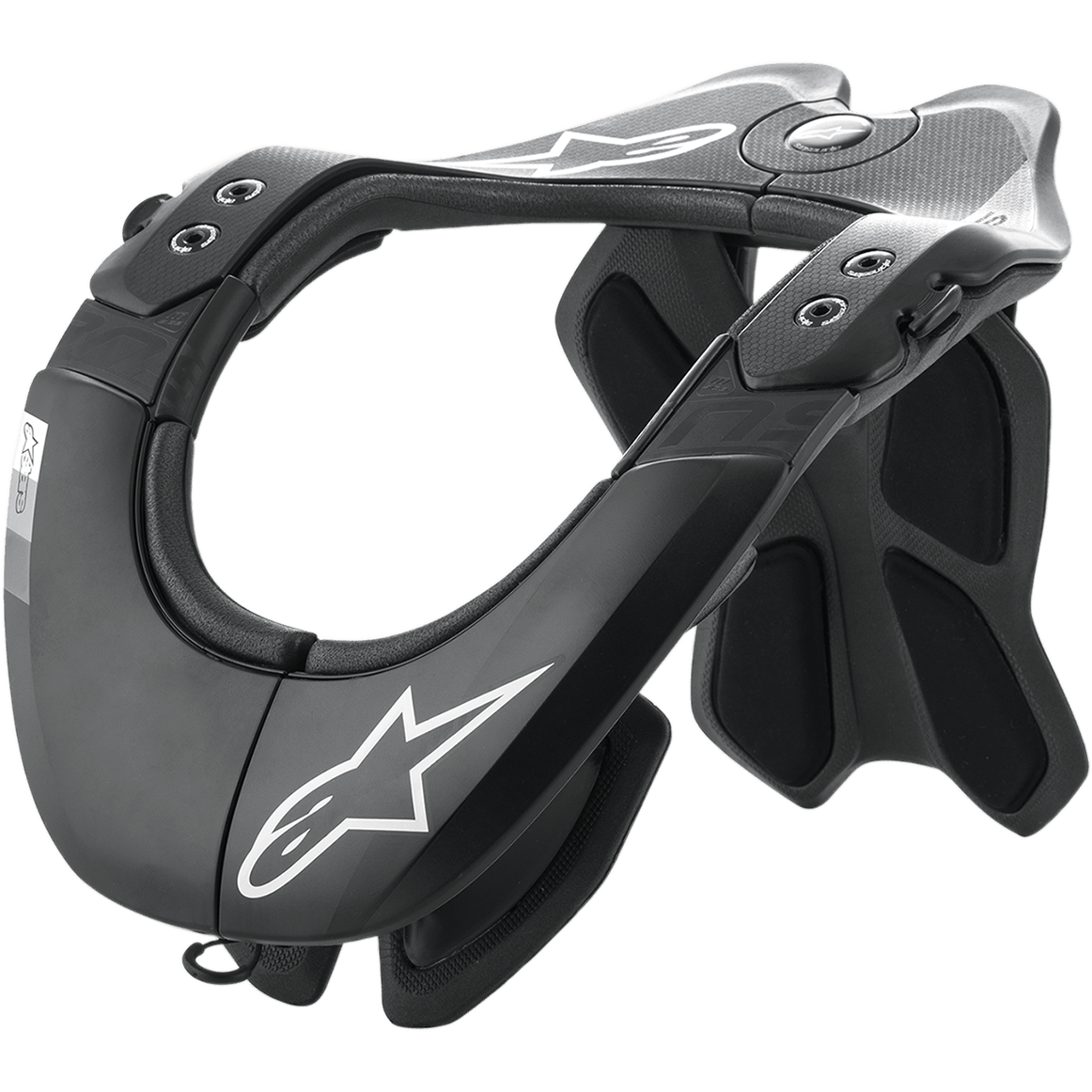 Alpinestars BNS Tech 2 Neck Support, protector de cuello para motocross, negro y gris, estructura de polímero de carbono con textura de fibra de carbono, logotipos de estrella blancos, con estabilizador trasero ergonómico y acolchado, protección profesional para carreras off-road