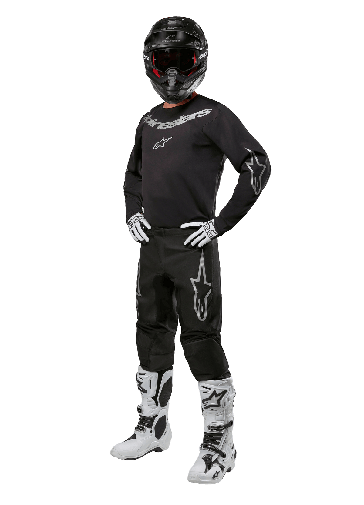 Alpinestars 2024 Fluid Graphite Gear Set, Complete Motocross Racing Outfit, Black with Gray and White Logos, featuring jersey and pants worn with matching black helmet, white and black gloves and boots, designed for off-road protection