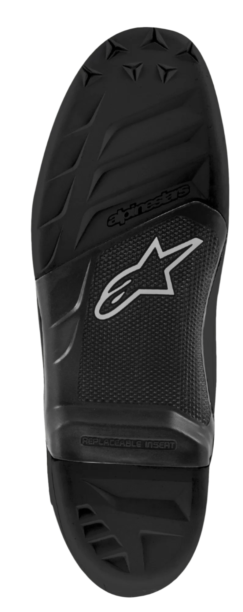Alpinestars Tech 7 Sole, suela de repuesto para botas de motocross, construcción de goma negra, con patrones de dibujo texturizados, logo de Alpinestars y emblema de la estrella, y el texto 'REPLACEABLE INSERT' en la sección media.