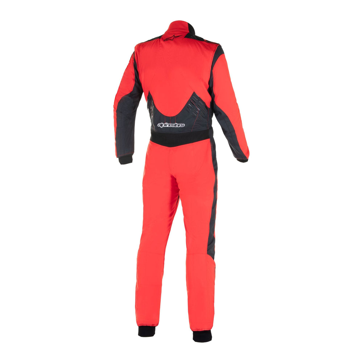 Alpinestars Traje GP Pro Comp V2 - FIA, mono de carreras para auto, rojo y negro, vista trasera que muestra paneles de malla elástica y detalles de agarre de silicona en la parte baja de la espalda