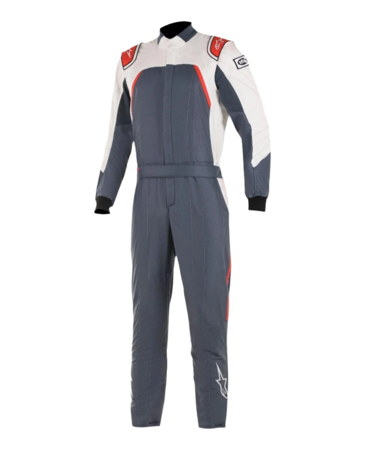 Alpinestars GP Pro Comp Bootcut Suit FIA, mono de automovilismo, gris asfalto, blanco y rojo, traje de una pieza con parte superior del pecho y mangas blancas, detalles rojos en los hombros, cuerpo gris oscuro y perneras con diseño de corte bootcut