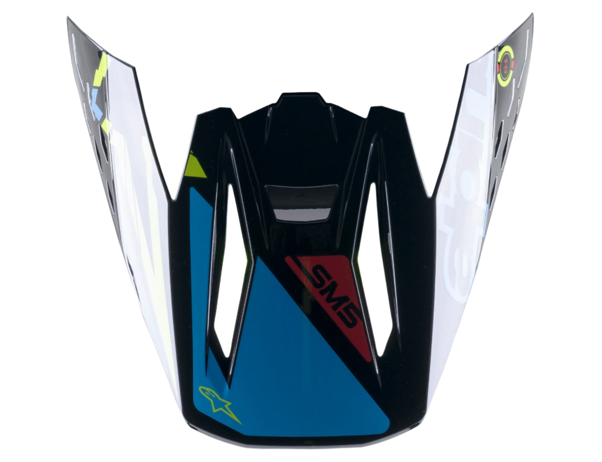 Alpinestars S-M5 Action Visor, Motocross Helmet Replacement Part, Black Cyan and Yellow Fluo Glossy, featuring SM5 branding and star logo, snap-on peak design for off-road riding
