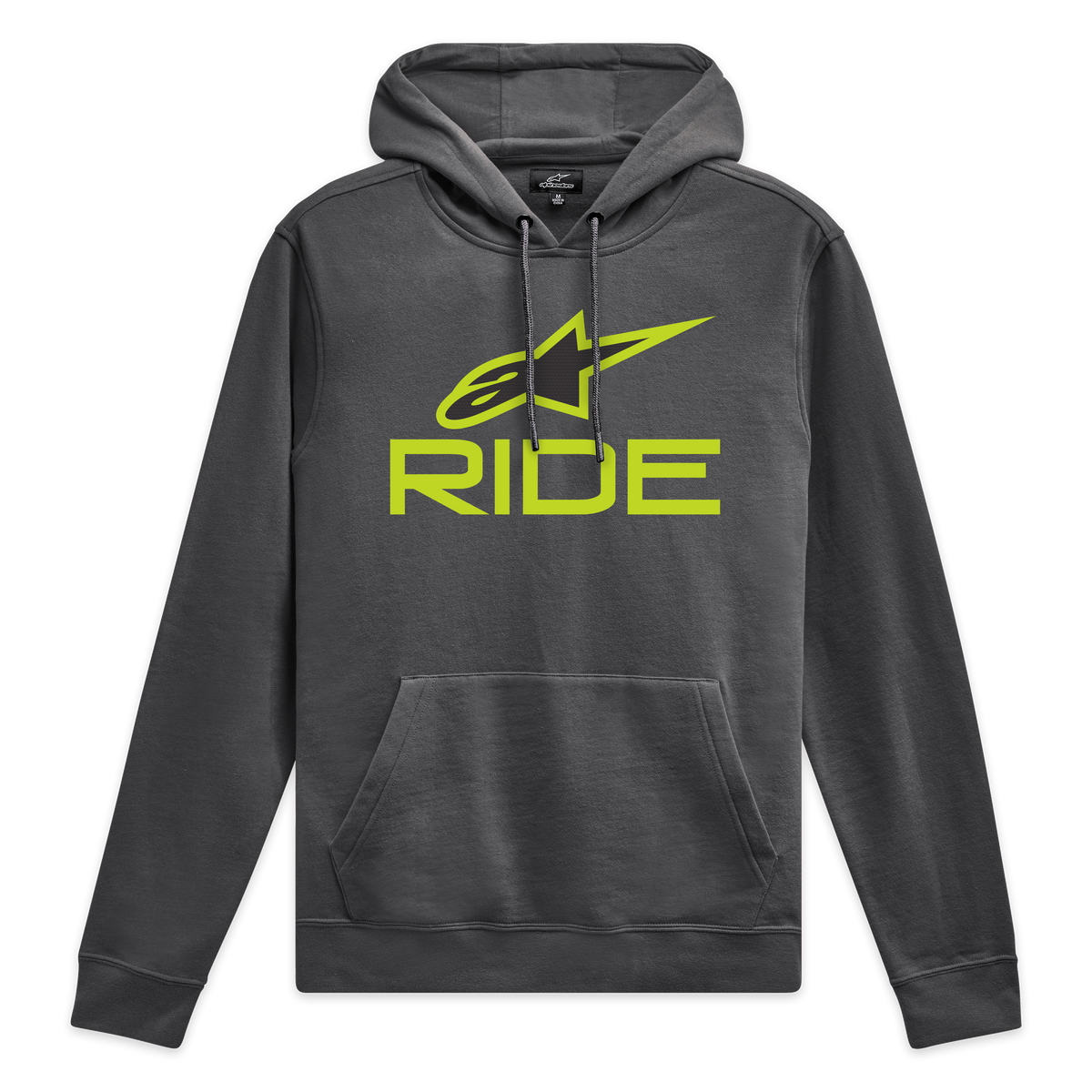 Alpinestars Sudadera Con Capucha Ride V 3, sudadera de forro polar gris carbón con logotipo Ride verde lima en el pecho y cordones a juego, ropa deportiva