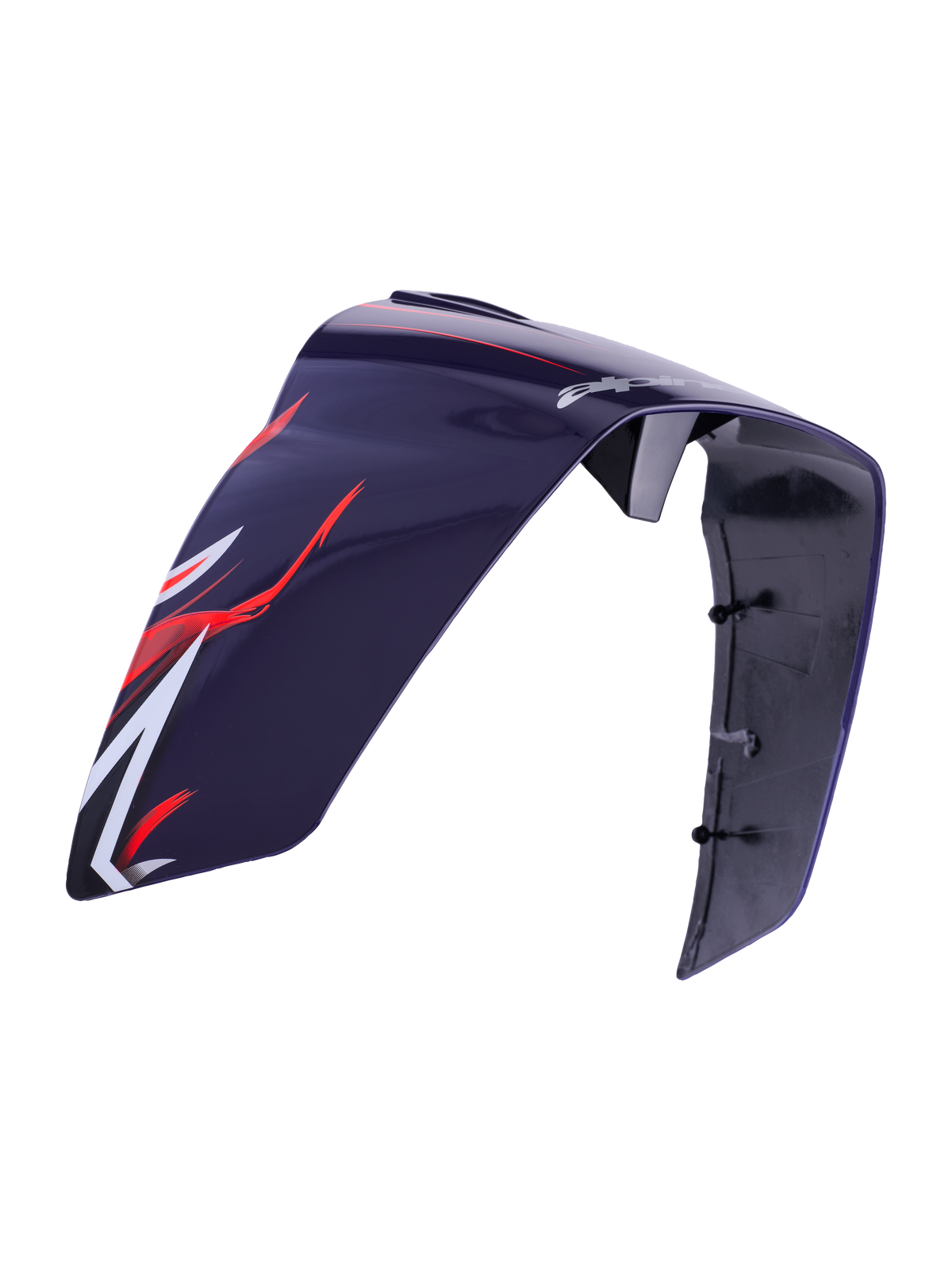 Alpinestars Supertech R10 Flyte Race Spoiler, accesorio para casco, púrpura rojizo brillante, con gráficos aerodinámicos en rojo y blanco y logotipo de Alpinestars, construcción de plástico brillante con puntos de montaje internos visibles, pieza de repuesto para cascos de competición.