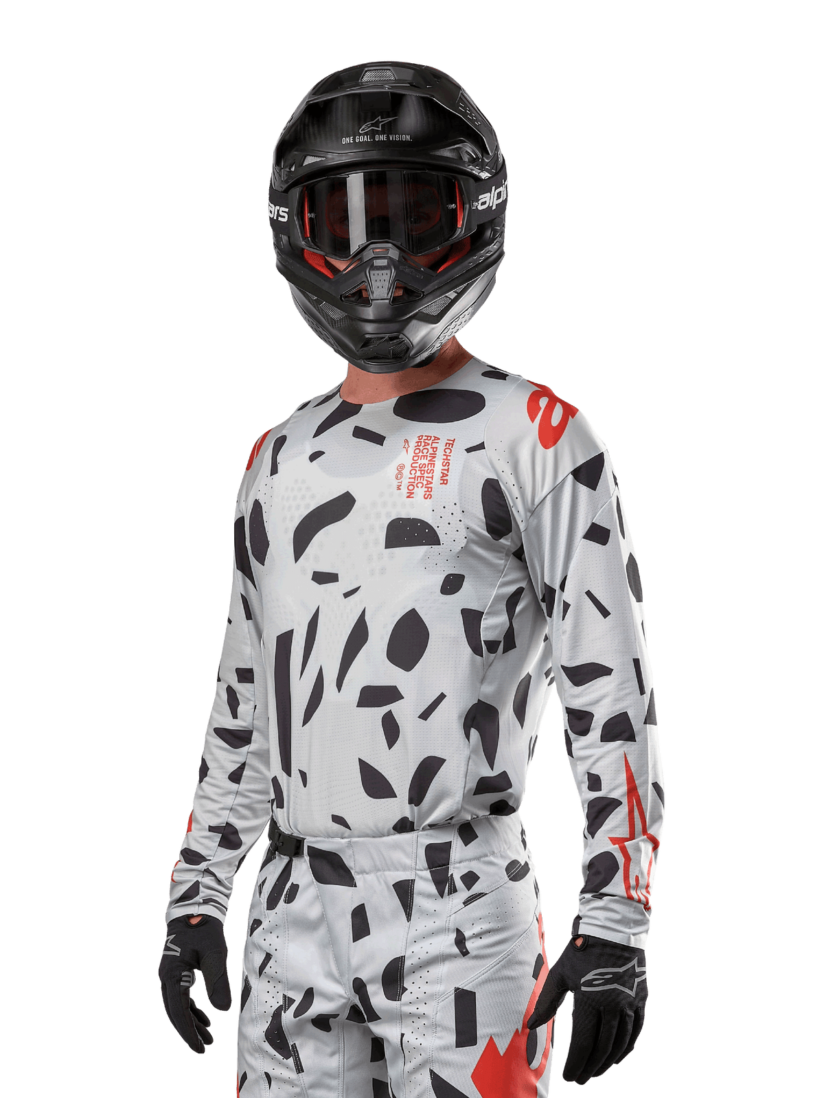 Alpinestars 2024 Techstar Rantera Jersey, Motocross Jersey, Haze Gray Camo with black abstract patterns and red accents, long-sleeve design worn with matching black helmet and gloves, technical off-road racing gear