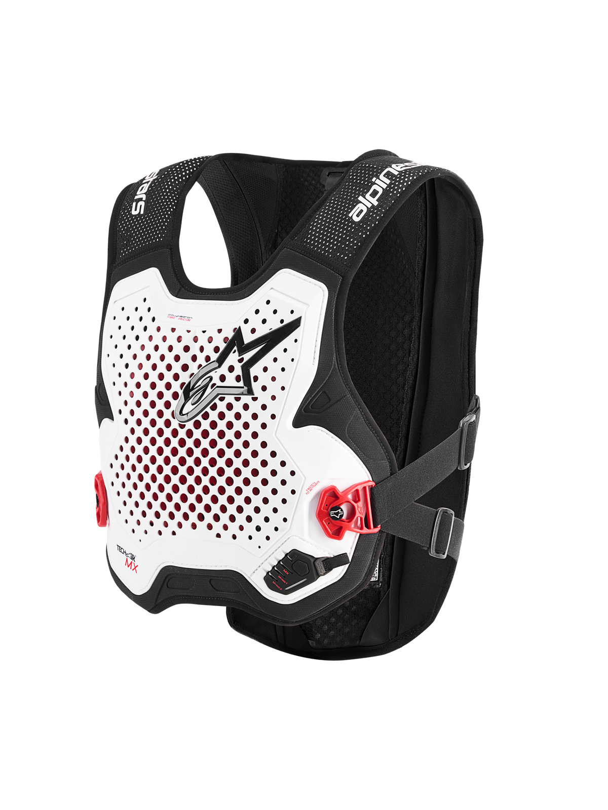 Alpinestars Tech-Air® MX System, chaleco airbag autónomo off-road, blanco y negro, placa pectoral blanca perforada con logotipo negro, hebillas laterales rojas, chasis de malla elástica negra, protección avanzada para motocross y supercross