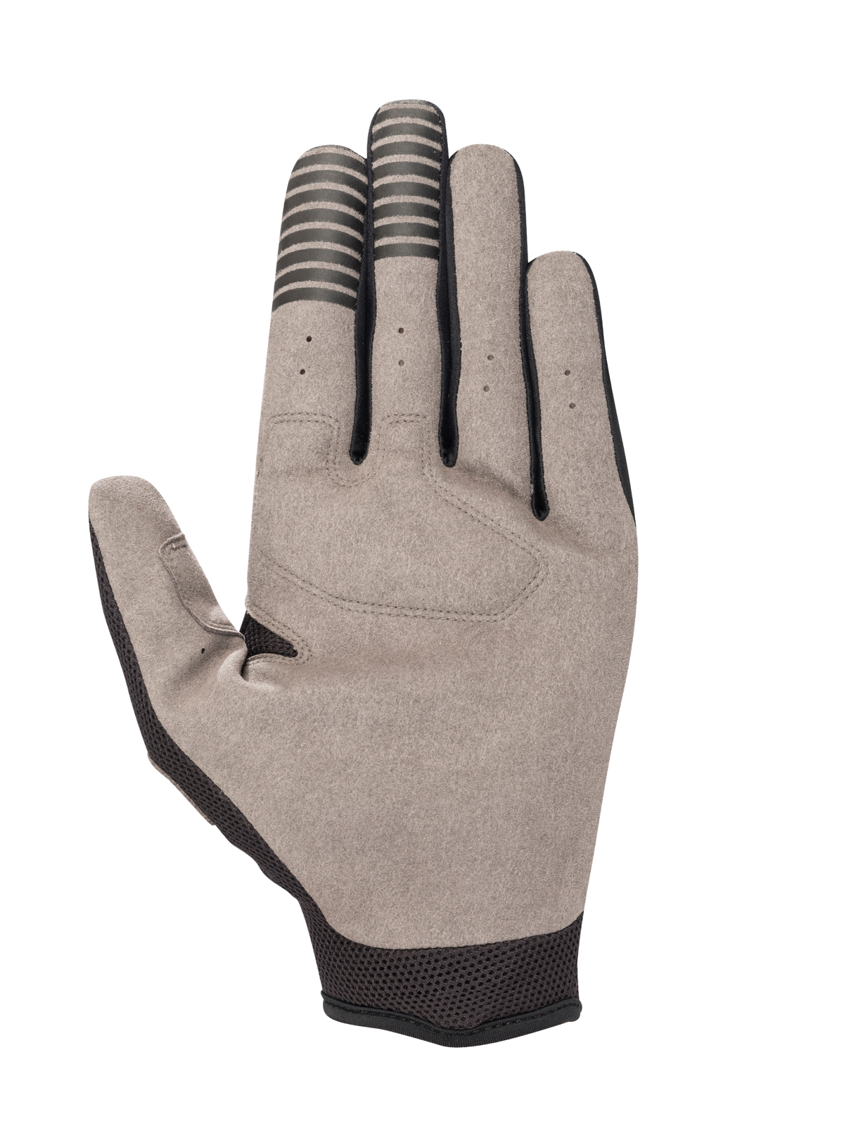 Alpinestars Engine Gloves, palm view, Black and Gray, featuring a synthetic suede palm with conductive black stripes on the index and middle fingertips, black mesh at the wrist and thumb, and small ventilation holes on the fingers.