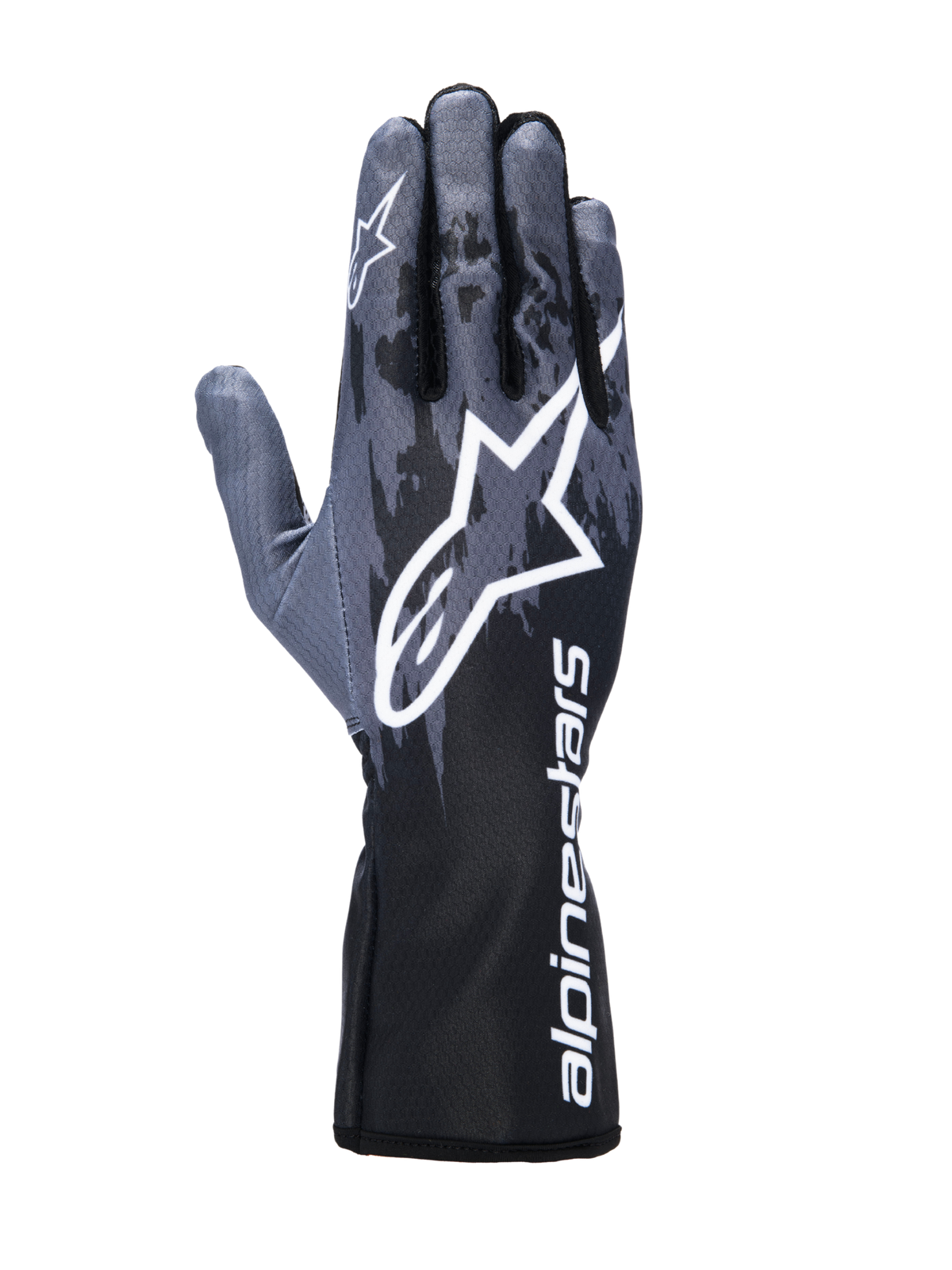 Guantes Alpinestars Tech-1 K V3, guantes de karting, Negro Antracita, con un gran logotipo Astar blanco en el dorso de la mano, patrón estilo camuflaje gris oscuro y puño largo con la marca Alpinestars blanca en vertical