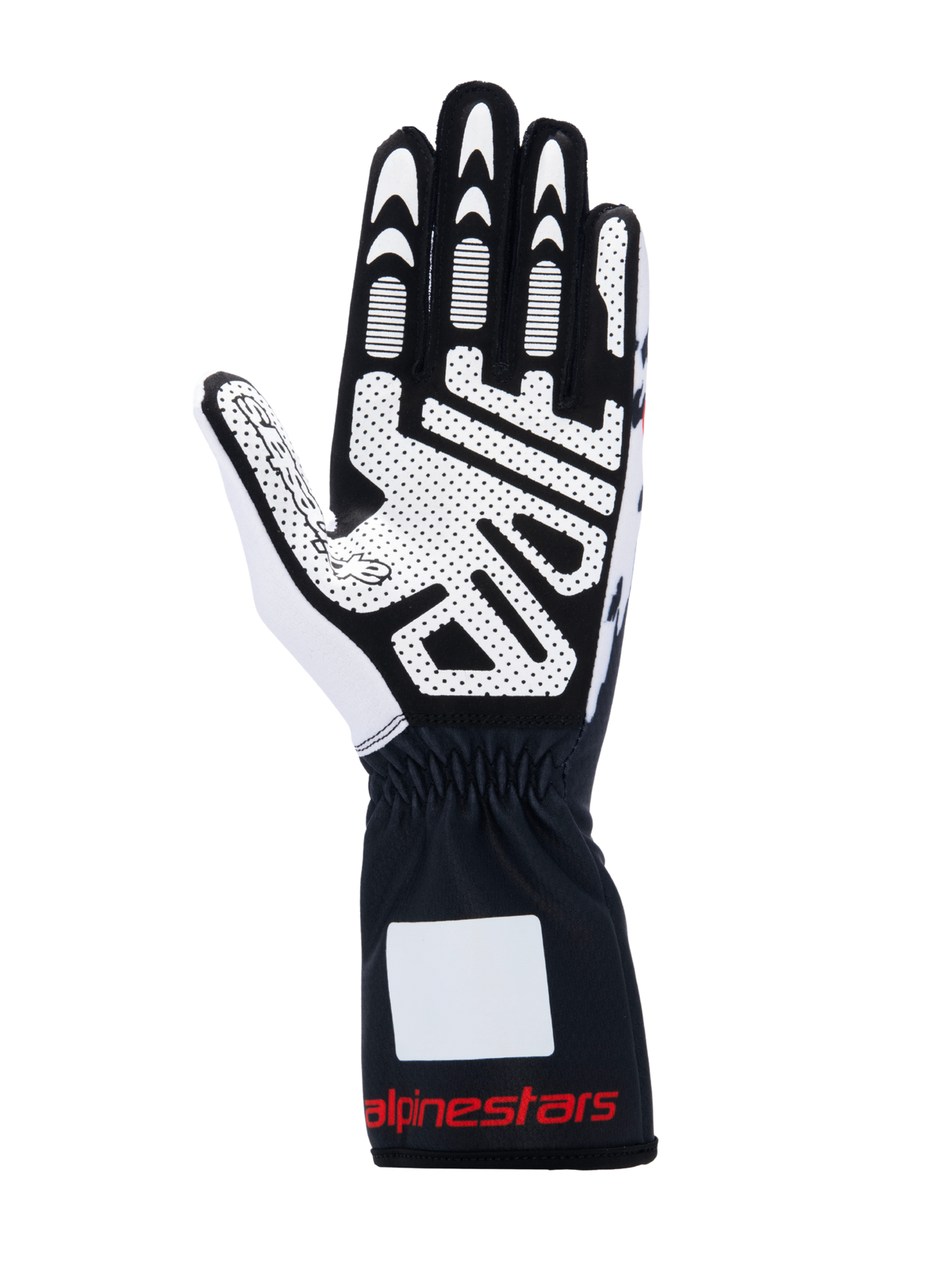 Alpinestars Tech-1 K V3 Gloves, Karting Gloves, Black White and Red, palm view showing high-grip silicone print, synthetic suede material, gauntlet cuff with red branding, professional karting gear