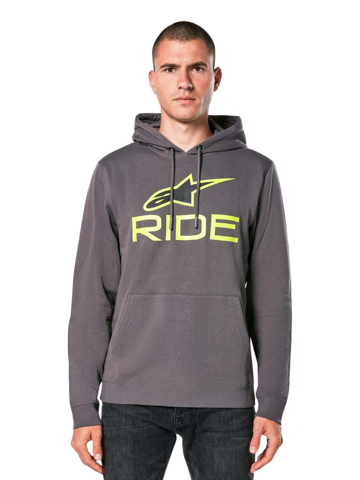 Alpinestars Ride Hoodie V 3, sudadera con capucha gris carbón con logotipo RIDE en verde lima, cuenta con bolsillo tipo canguro delantero y capucha con cordón, ropa urbana casual inspirada en el motociclismo