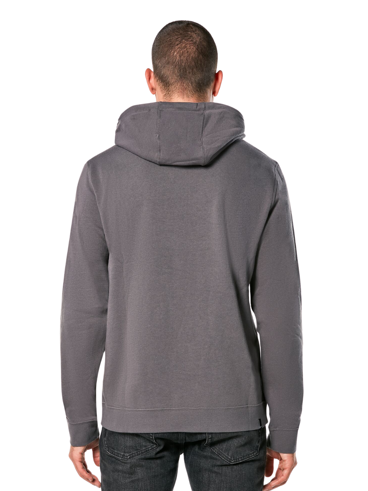 Alpinestars Ride Hoodie V 3, vista trasera de una sudadera gris carbón, ropa deportiva casual con diseño de capucha, manga larga y puños y dobladillo de canalé