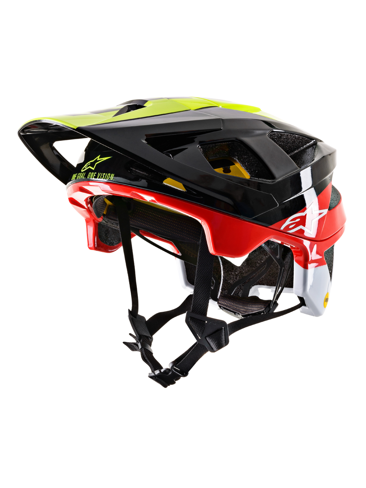Alpinestars Vector Tech Pilot MTB Helmet CE, casco de bicicleta de montaña, negro, rojo, blanco y amarillo flúor, acabado brillante con múltiples aperturas de ventilación, visera ajustable, marca MIPS, diseño aerodinámico elegante para ciclismo de montaña