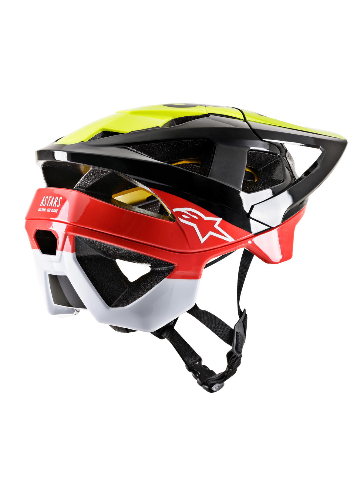 Casco de MTB Alpinestars Vector Tech Pilot, negro, amarillo fluorescente y rojo brillante con detalles en blanco, vista trasera en tres cuartos que muestra grandes aberturas de ventilación, cobertura extendida en la nuca, logotipo de Astars blanco y correa de barbilla ajustable, protección de alto rendimiento para ciclismo de montaña
