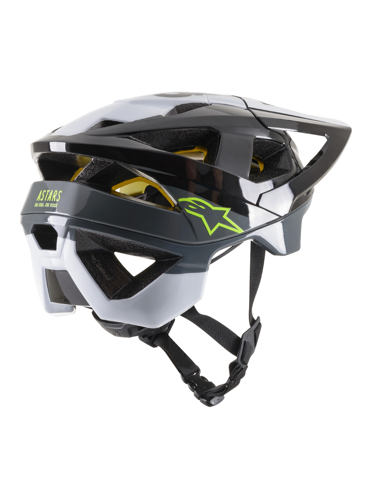 Alpinestars Vector Tech Pilot Helmet CE, casco de ciclismo MTB, negro, blanco y gris frío brillante, vista de tres cuartos trasera con logos de estrella verde lima y ASTARS, 19 aberturas de ventilación, diseño aerodinámico con visera ajustable y correa para la barbilla