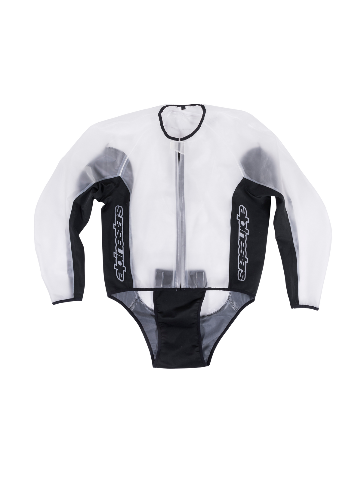 Chaqueta Impermeable Alpinestars Racing, chaqueta de moto transparente e impermeable, color transparente y negro, logotipos blancos verticales en los paneles laterales, cierre frontal de cremallera, diseño precurvado para ajuste sobre monos de cuero, equipamiento funcional de pista para condiciones de lluvia
