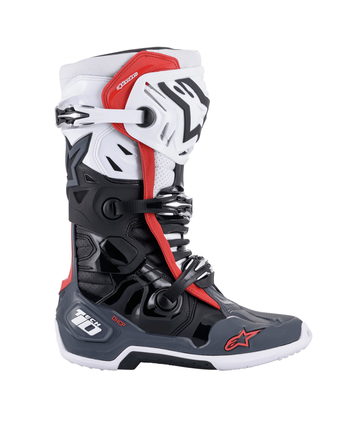Botas Alpinestars Tech 10 Supervented, botas de motocross para competición, en negro, blanco, gris medio y rojo, con sistema de cierre de tres hebillas, carcasa de TPU ventilada y diseño de suela duradera con la marca Alpinestars para un rendimiento todoterreno.