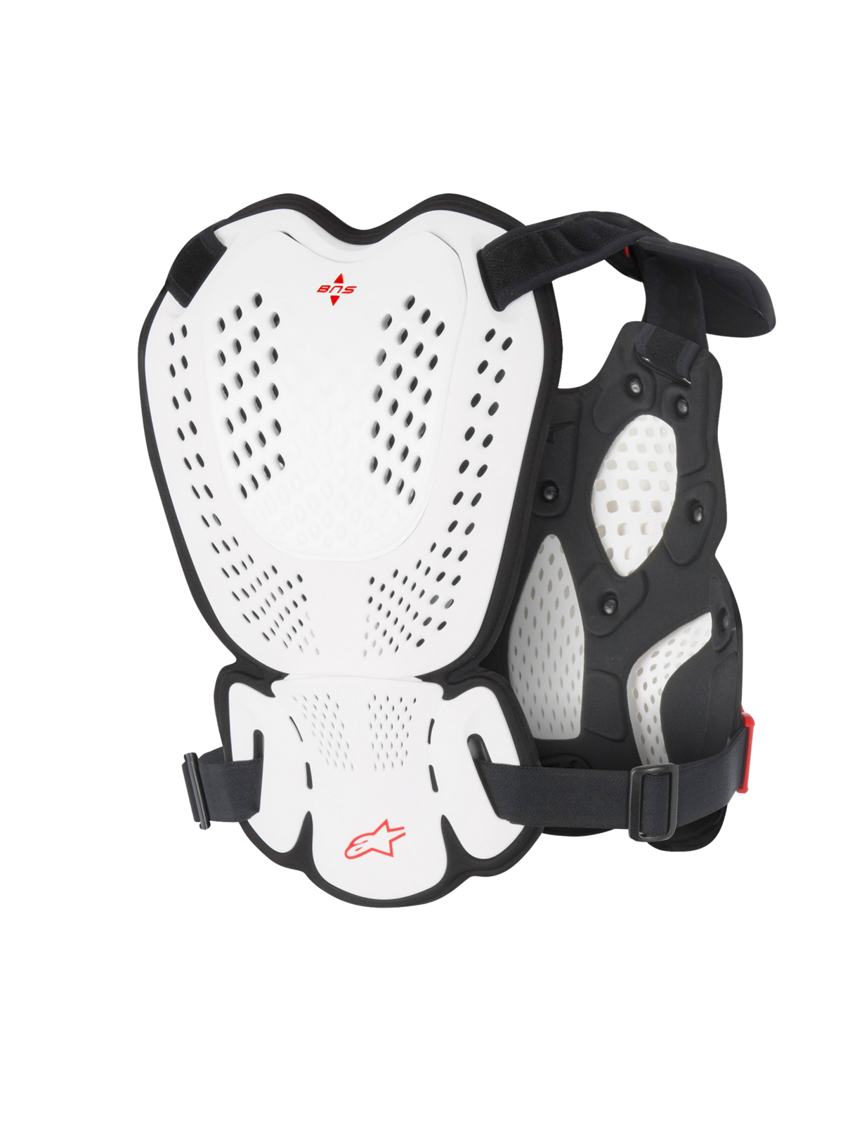 Alpinestars A-1 Roost Guard, protector de pecho y espalda para motocross, blanco y negro con logo Alpinestars en rojo, placas de carcasa rígida perforadas, acolchado de bio-foam, vista trasera que muestra la cobertura de protección para motocross y conducción off-road
