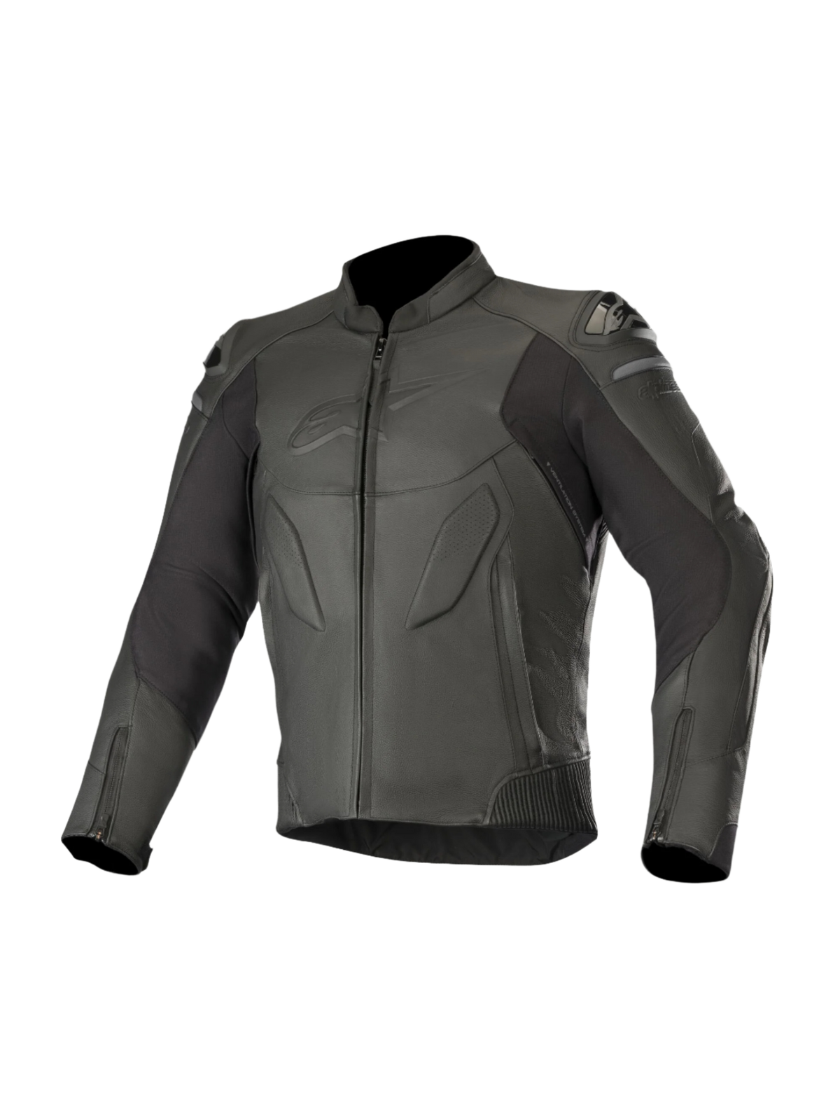 Chaqueta de cuero Alpinestars Caliber, negra, equipamiento de moto para carretera, con construcción de cuero de primera calidad con paneles perforados, deslizadores externos DFS en los hombros, frontal y puños con cremallera, y logotipo sutil en relieve en el pecho