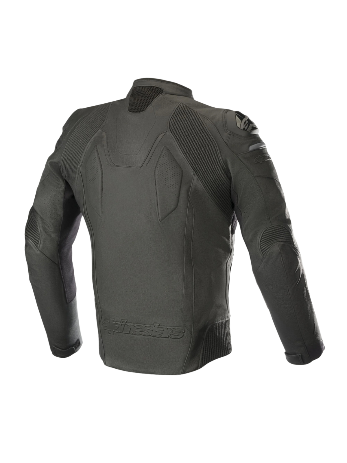 Chaqueta de cuero Alpinestars Caliber, negro, vista trasera que muestra la construcción de cuero premium, paneles elásticos de acordeón en hombros y codos, deslizadores externos de hombro DFS y logotipo de Alpinestars en relieve en la parte inferior de la espalda