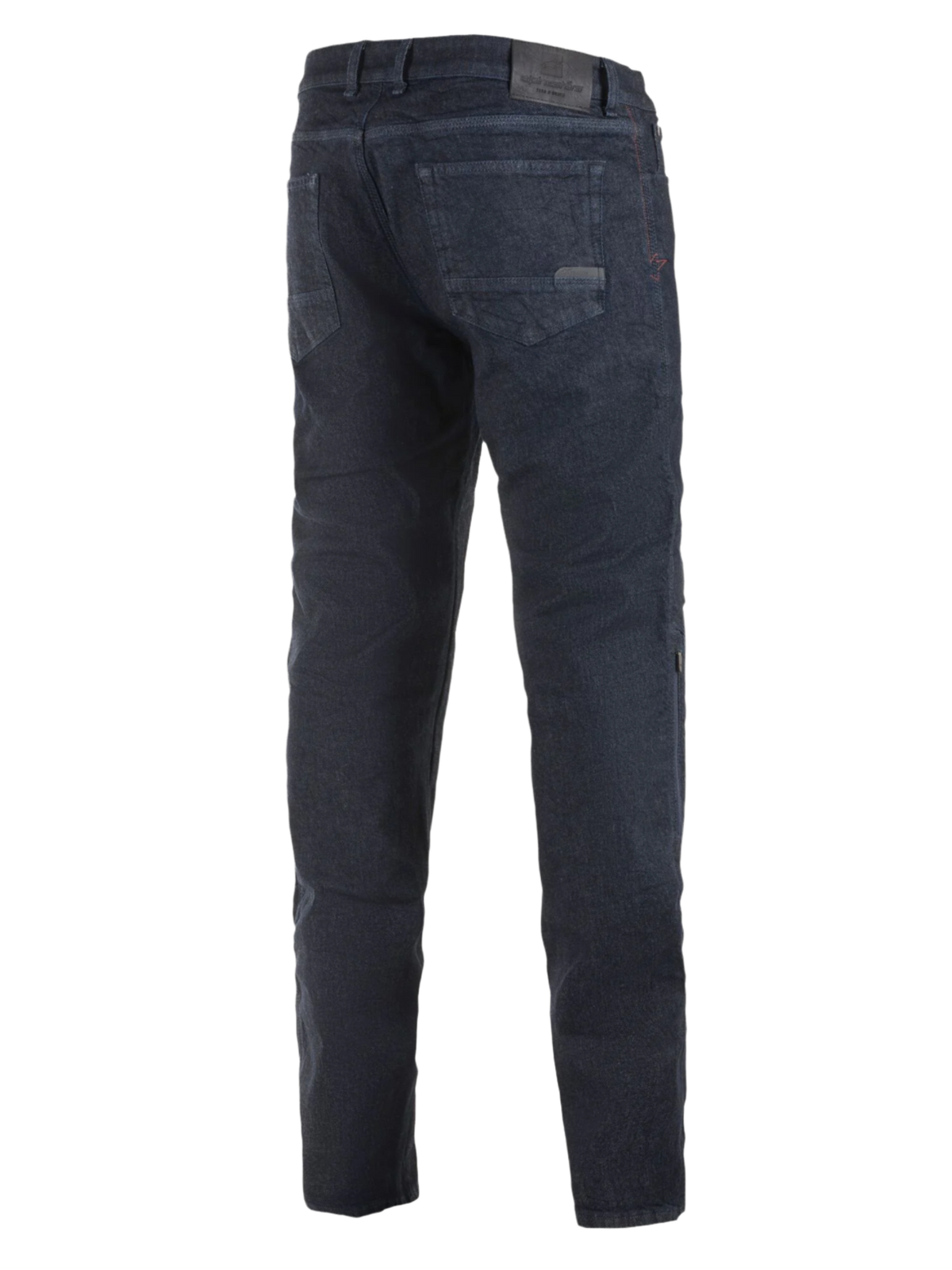 Alpinestars Copper Out V2 Riding Denim, pantalones de moto, azul Rinse Plus, vista posterior que muestra el corte recto regular, parche de cuero en la cintura, denim de lavado oscuro para conducción urbana