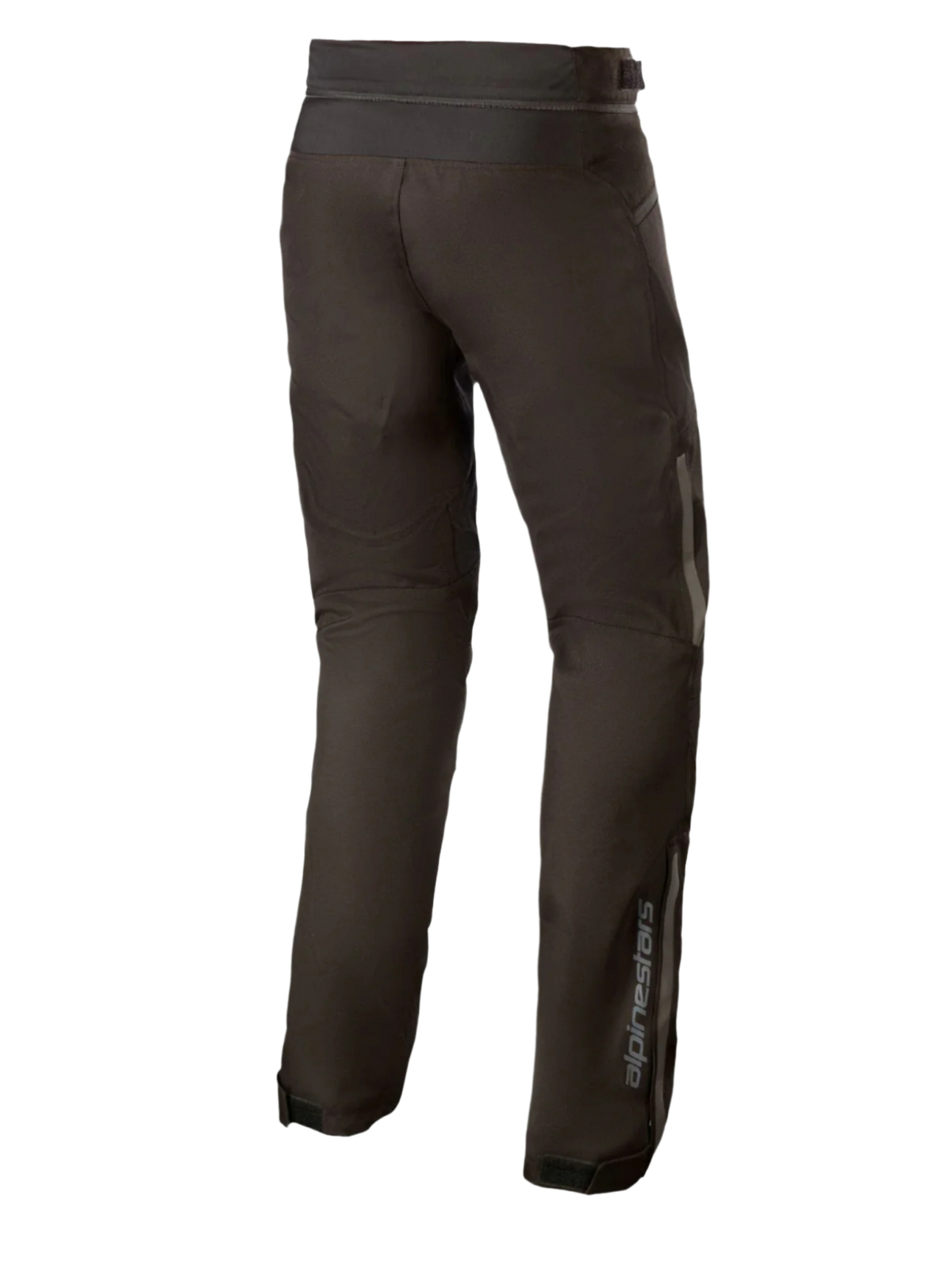 Alpinestars AST-1 V2 Waterproof Pants Long, pantalones de moto textiles negros, vista trasera que muestra detalles reflectantes y marca vertical en la parte inferior de la pierna, equipamiento duradero para todo clima